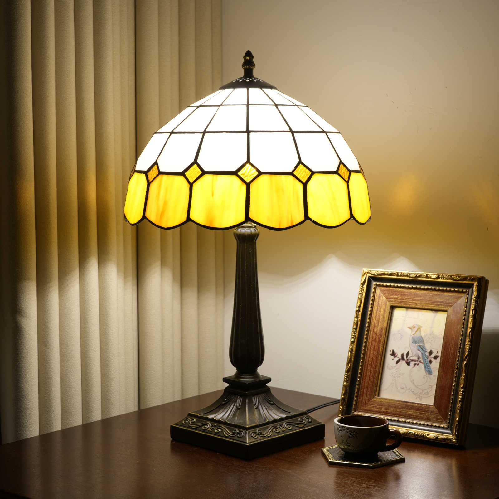 Blivuself Yellow and White Tiffany Style Stained Glass Table Lamp, 12 Inch Art Deco Bedside Light, Vintage Geometric Nightstand Lamp with Antique Bronze Base for Bedroom, Living Room, Home Office Decor OFT1429