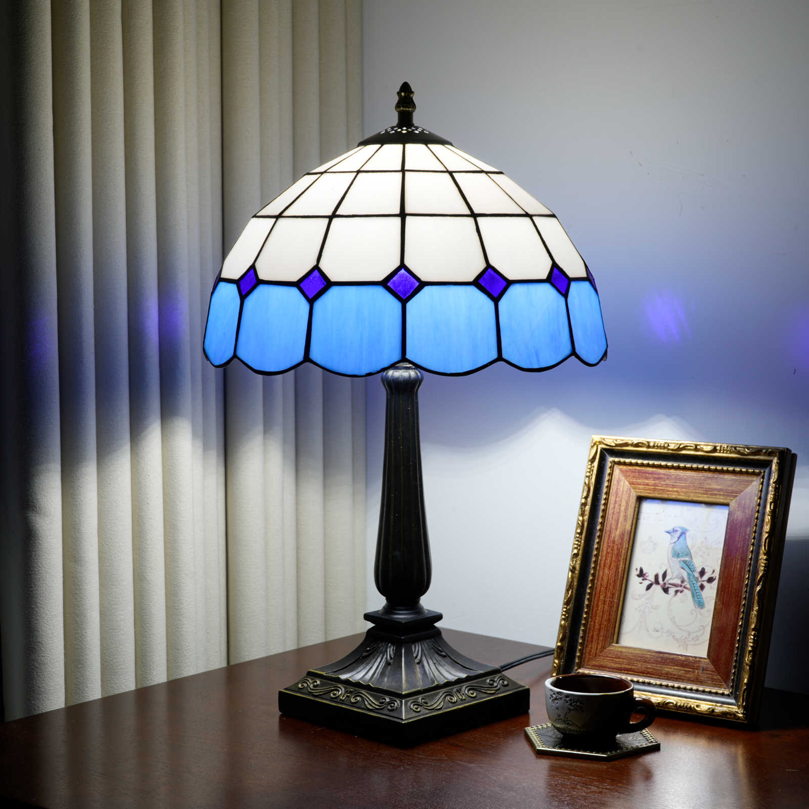 Blivuself Blue and White Tiffany Style Stained Glass Table Lamp, 12 Inch Art Deco Bedside Light, Vintage Geometric Nightstand Lamp with Antique Bronze Base for Bedroom, Living Room, Home Office Decor OFT1428