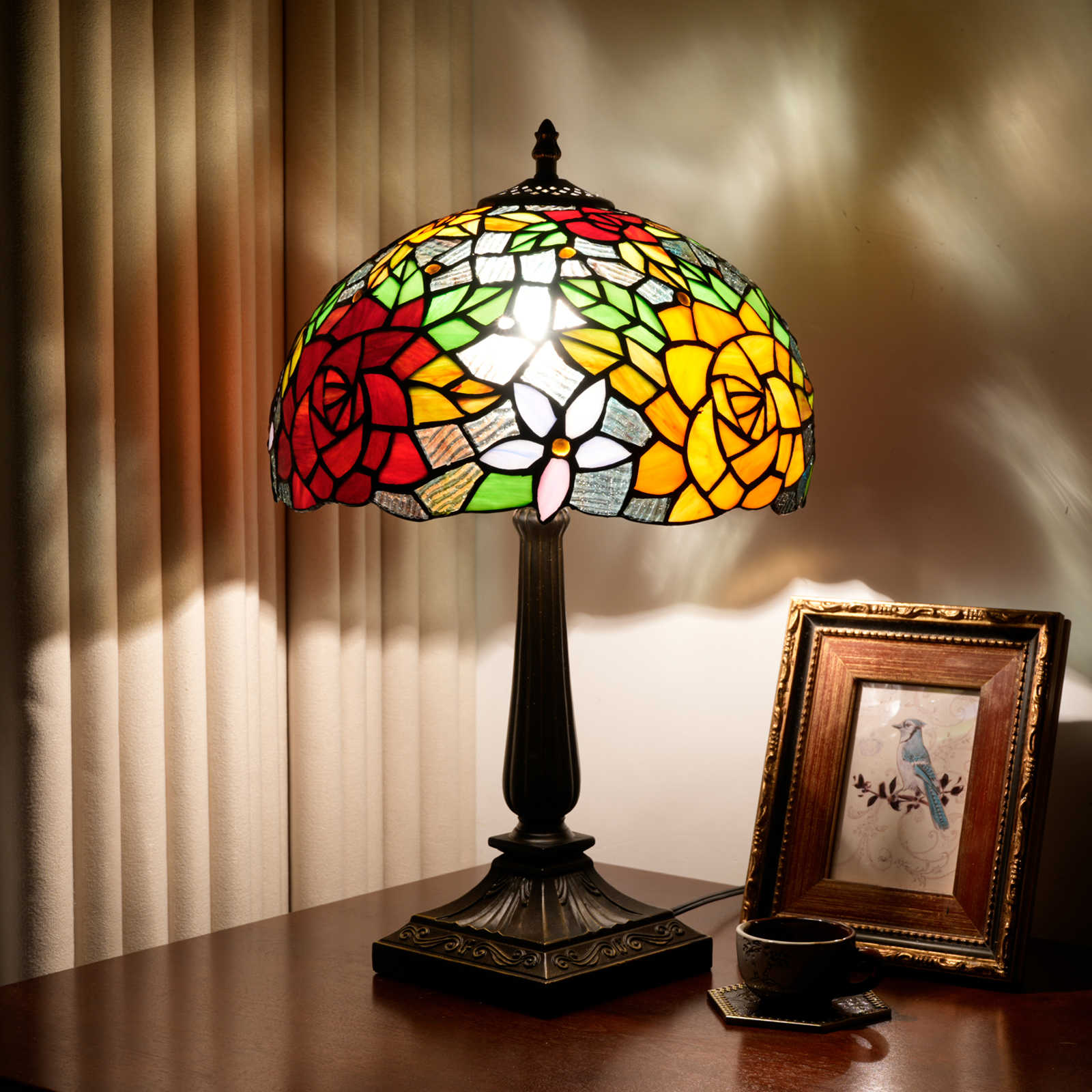 Blivuself Rose Tiffany Style Stained Glass Table Lamp, 12 Inch Floral Bedside Light, Vintage Botanical Nightstand Lamp with Antique Bronze Base for Bedroom, Living Room, Home Office Decor OFT1426