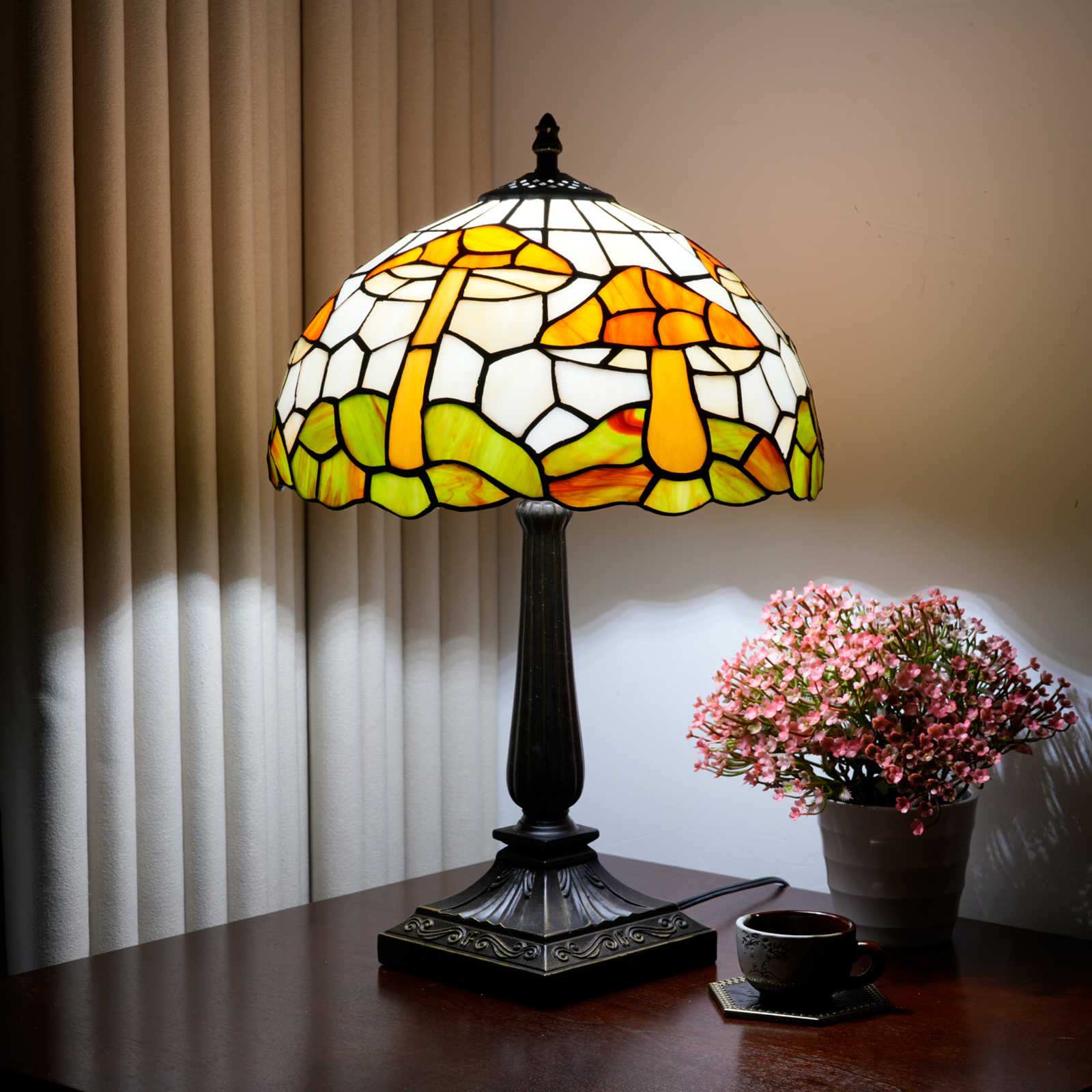 Blivuself Mushroom Tiffany Style Stained Glass Table Lamp, 12 Inch Whimsical Themed Bedside Light, Vintage Nature-Inspired Nightstand Lamp with Antique Bronze Base for Bedroom, Living Room, Home Office Decor OFT1425