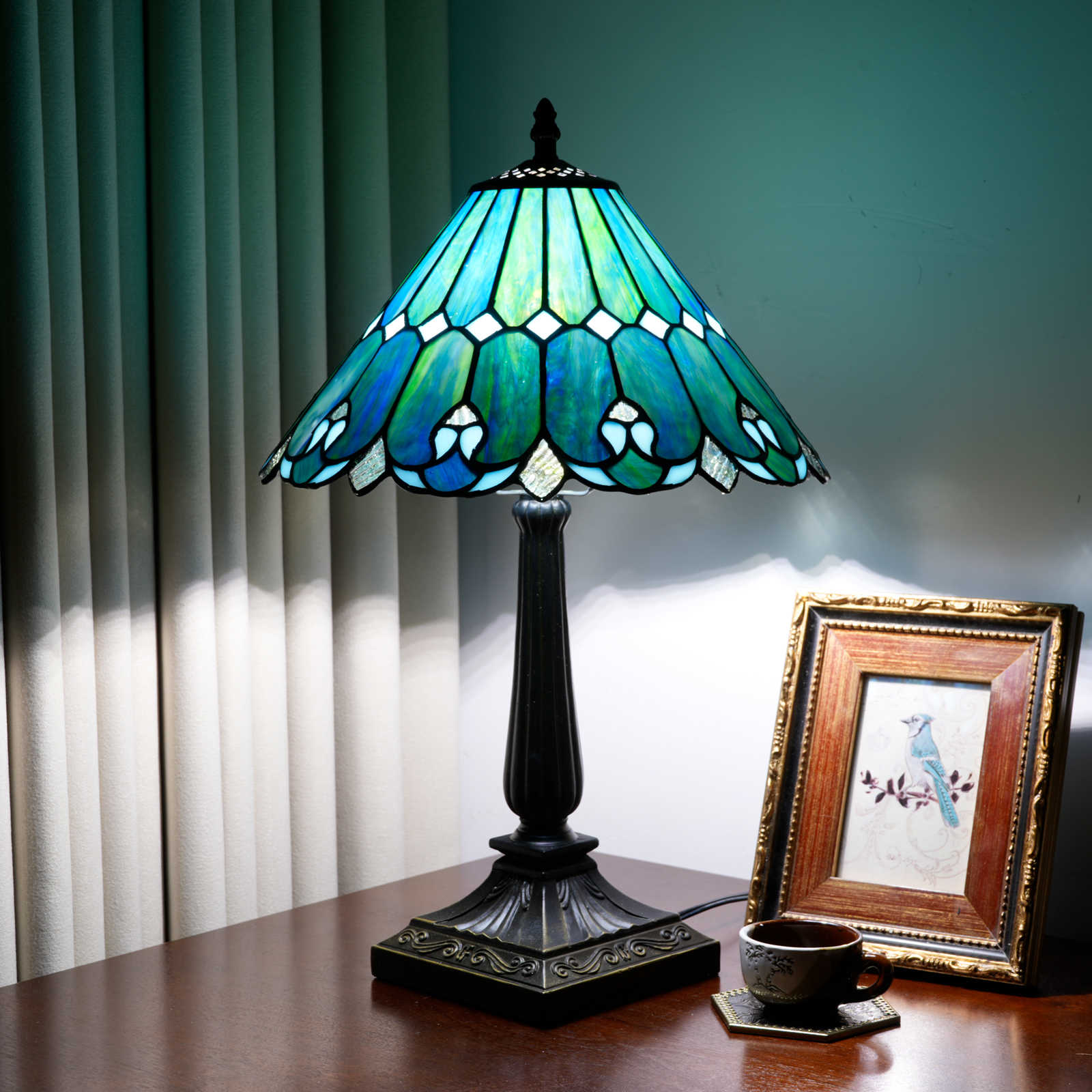 Blivuself Tiffany Style Blue Green Stained Glass Lamp, Handmade 12 Inch Art Deco Shade, Antique Bronze Base, Retro Bedside Lamp for Coastal Bedroom, Living Room, and Cottage Decor OFT1424