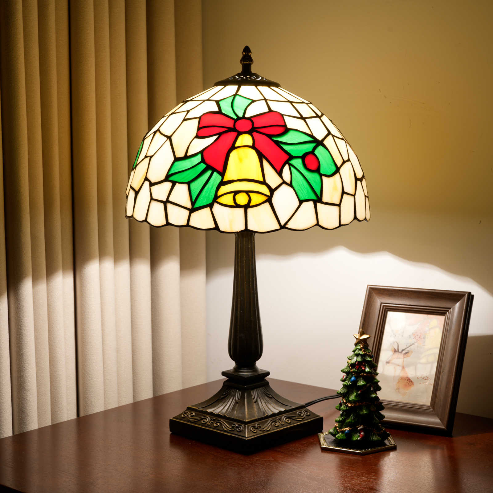 Blivuself Christmas Bell Tiffany Style Stained Glass Table Lamp, 12 Inch Holiday Themed Bedside Light, Vintage Festive Nightstand Lamp with Antique Bronze Base for Bedroom, Living Room, Holiday Decor OFT1422