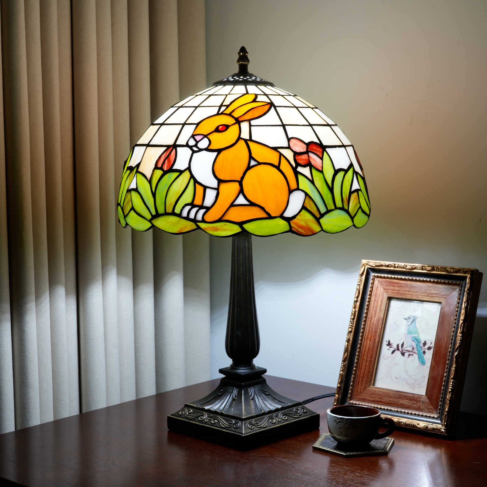 Blivuself Rabbit Tiffany Style Stained Glass Table Lamp, 12 Inch Orange Animal Themed Bedside Light, Vintage Whimsical Nightstand Lamp with Antique Bronze Base for Bedroom, Living Room, Kids Room Decor OFT1421