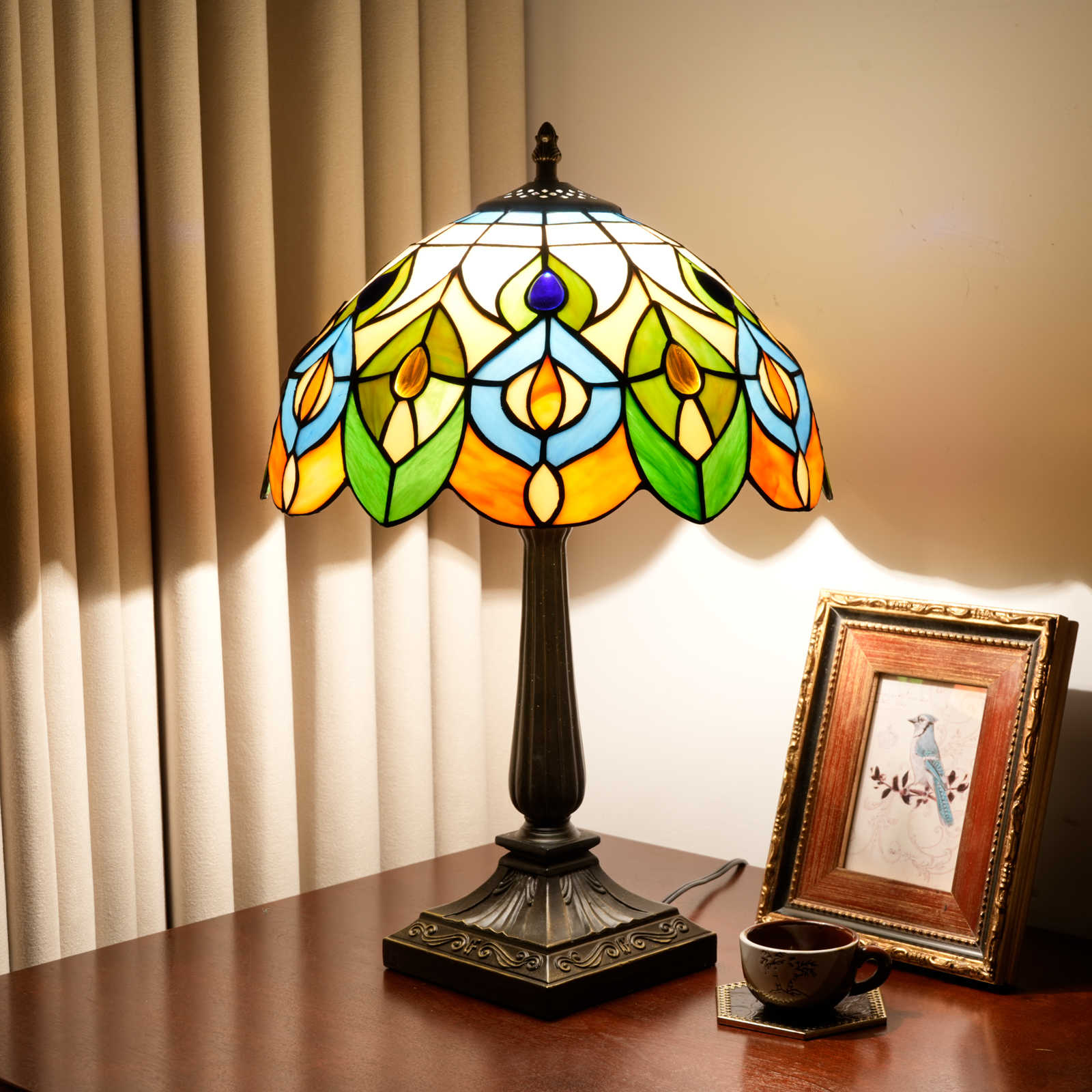 Blivuself Art Deco Tiffany Style Stained Glass Table Lamp, 12 Inch Multicolor Geometric Bedside Light, Vintage Jeweled Nightstand Lamp with Antique Bronze Base for Bedroom, Living Room, Home Office Decor OFT1420