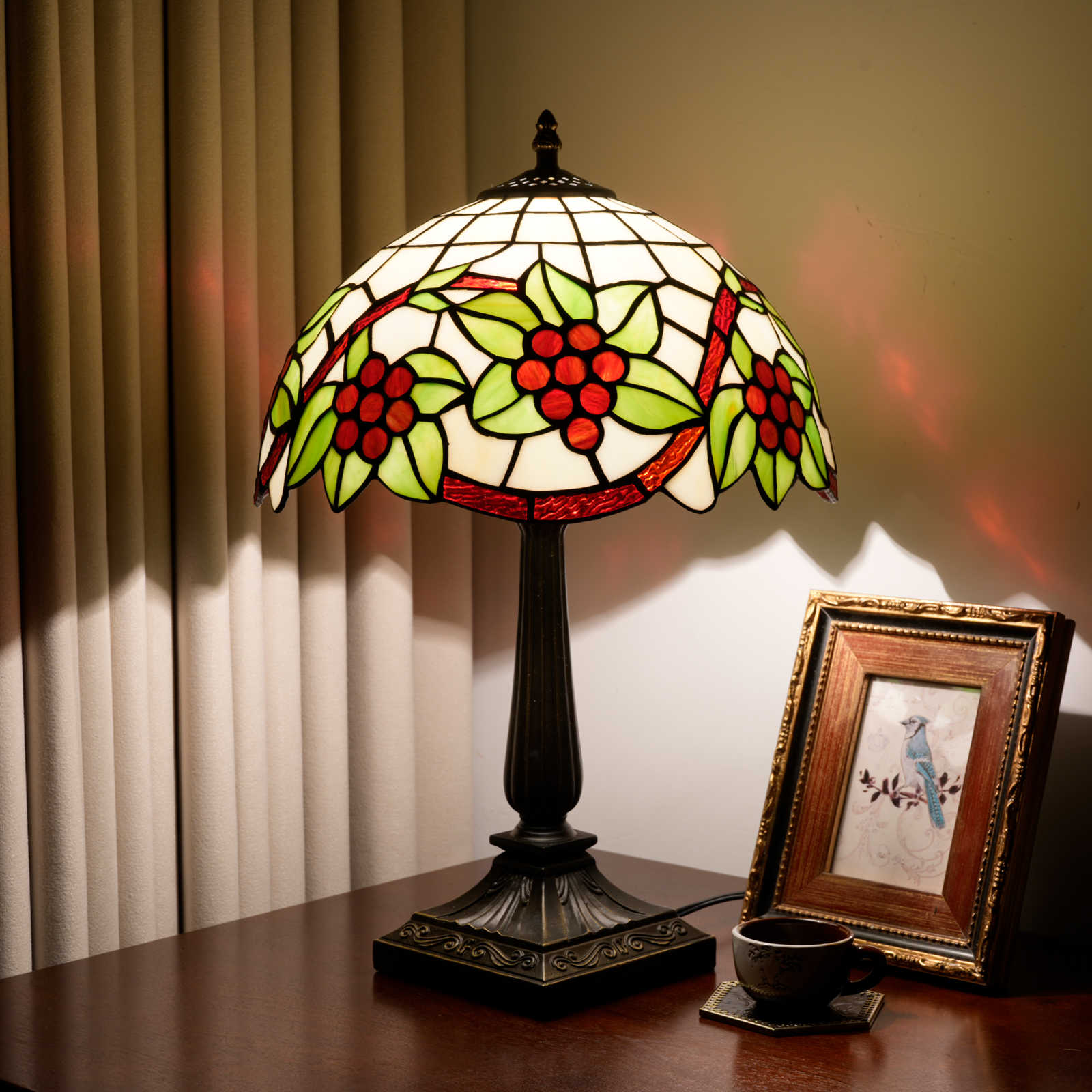 Blivuself Tiffany Style Red Berry Floral Stained Glass Lamp, Handmade 12 Inch Botanical Shade, Antique Bronze Base, Retro Bedside Lamp for Cottage Bedroom, Living Room, and Farmhouse Decor OFT1419