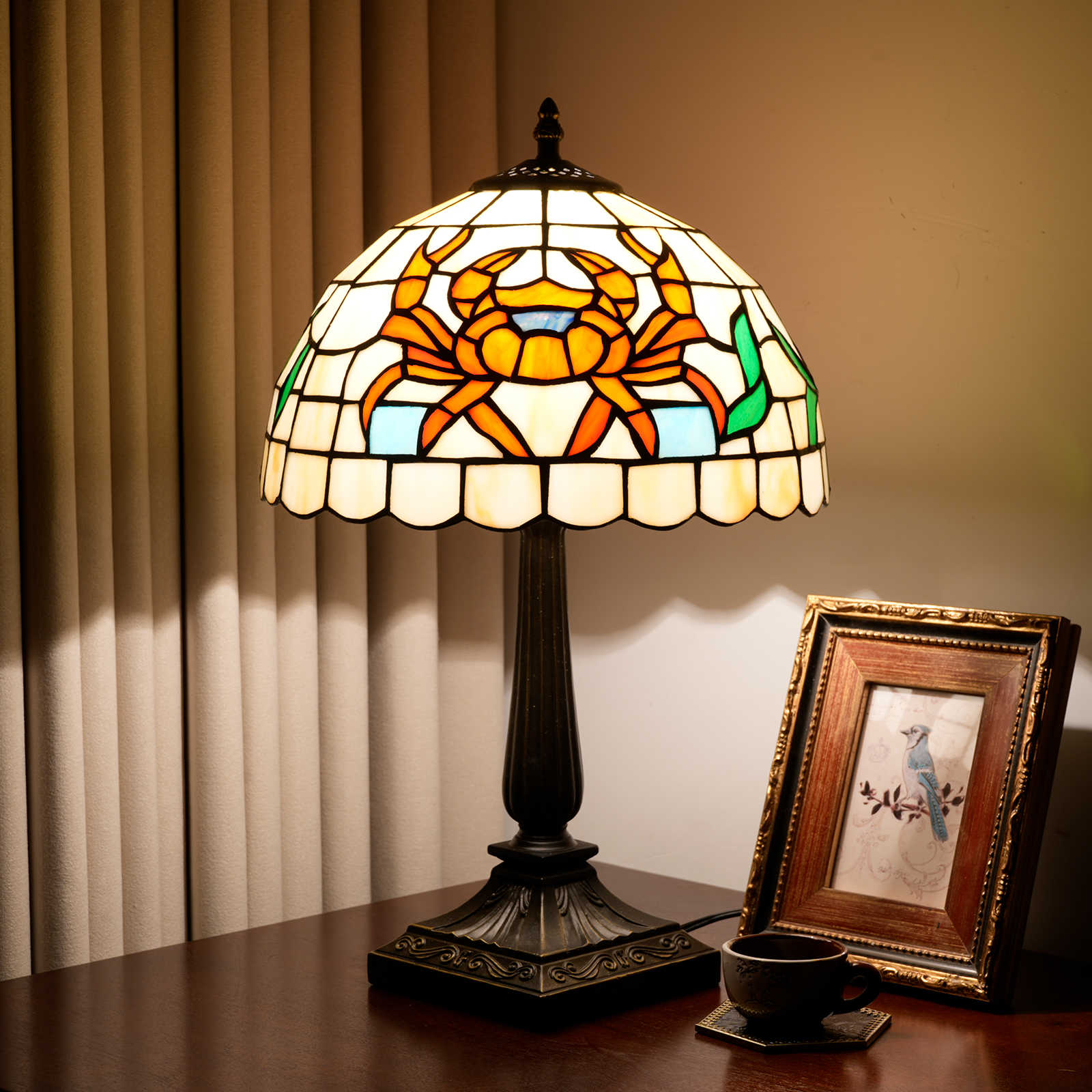 Blivuself Orange Crab Stained Glass Tiffany Table Lamp, Handcrafted Nautical Ocean Animal Design, Large Vintage Nightstand Light with Bronze Base for Bedroom, Living Room, and Coastal Home Decor OFT1417