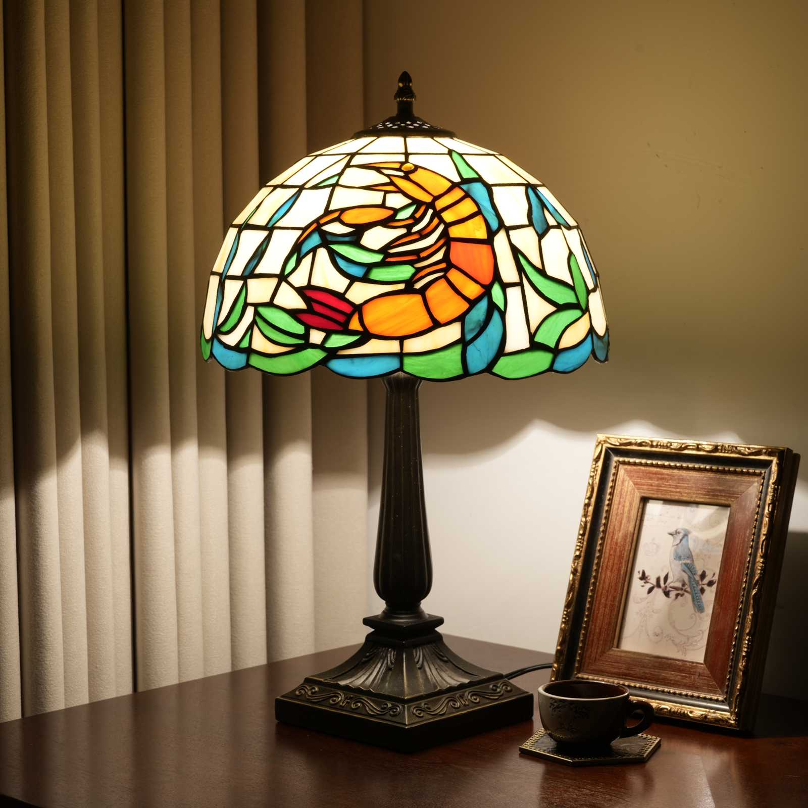 Blivuself Shrimp Tiffany Style Stained Glass Table Lamp, 12 Inch Orange Nautical Themed Bedside Light, Vintage Ocean Animal Nightstand Lamp with Antique Bronze Base for Bedroom, Living Room, Home Office Decor OFT1416