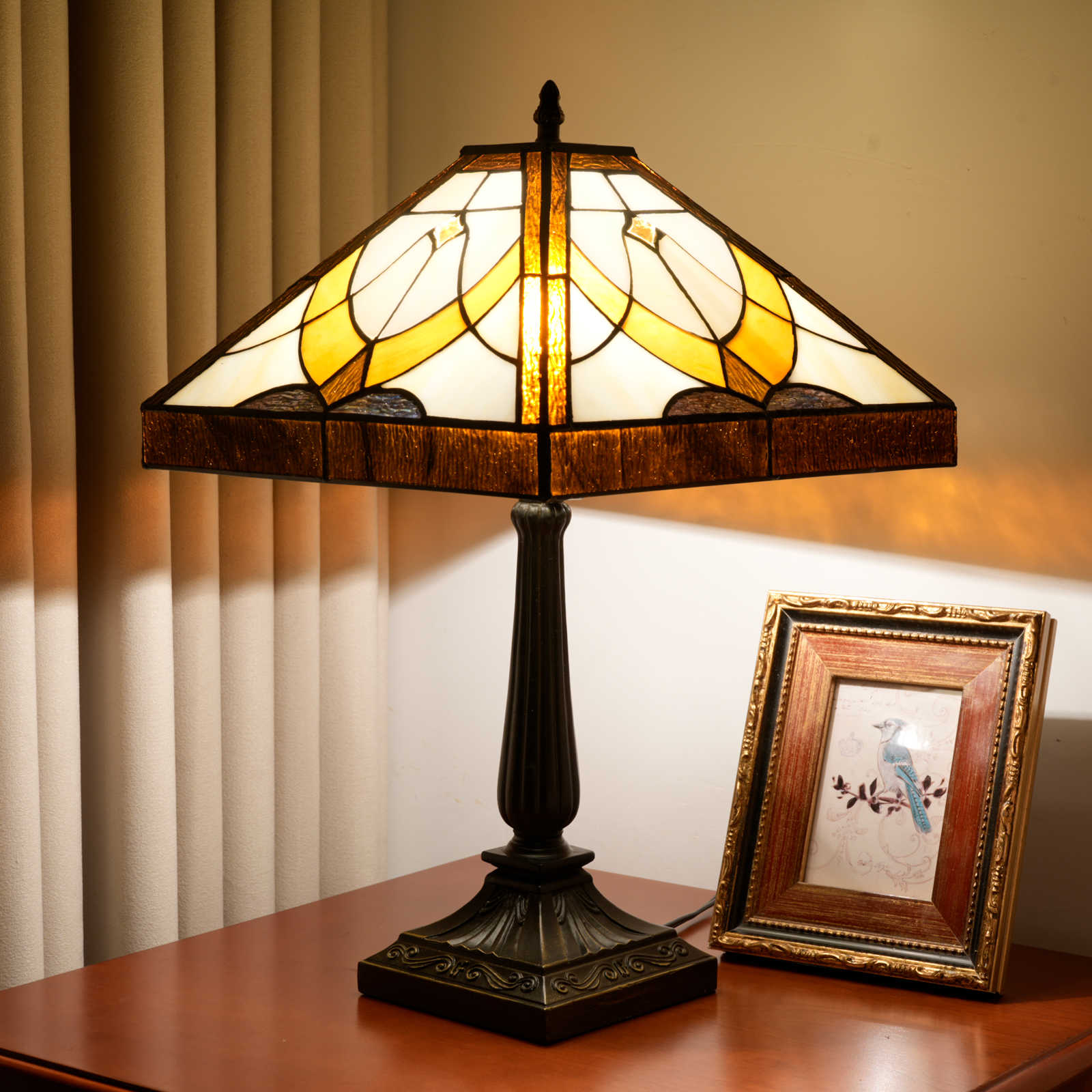 Blivuself Tiffany Style Lamp 16 Inches Retro Warm Atmosphere To Create A Bedside Lamp Brown Handmade Stained Glass Desk Lamp Suitable For Bedroom Dining Room Study Living Room Office And Other Home Classical Arts And Crafts OFT1369
