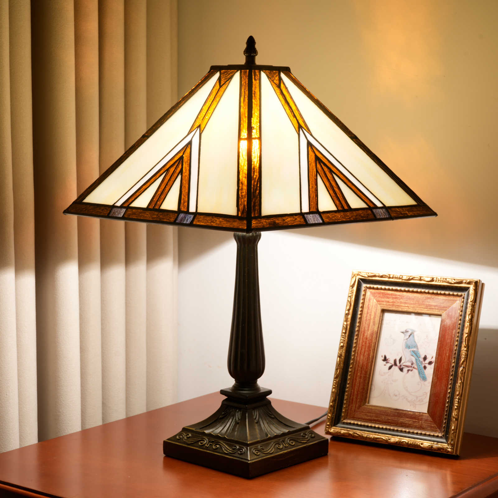 Blivuself Tiffany Style Lamp 16 Inches Brown Lines Triangle Square Warm Atmosphere To Create Bedside Lamp Hand-Crafted Stained Glass Table Lamp Suitable For Bedroom Dining Room Study Living Room Office And Other Home Decorations OFT1367