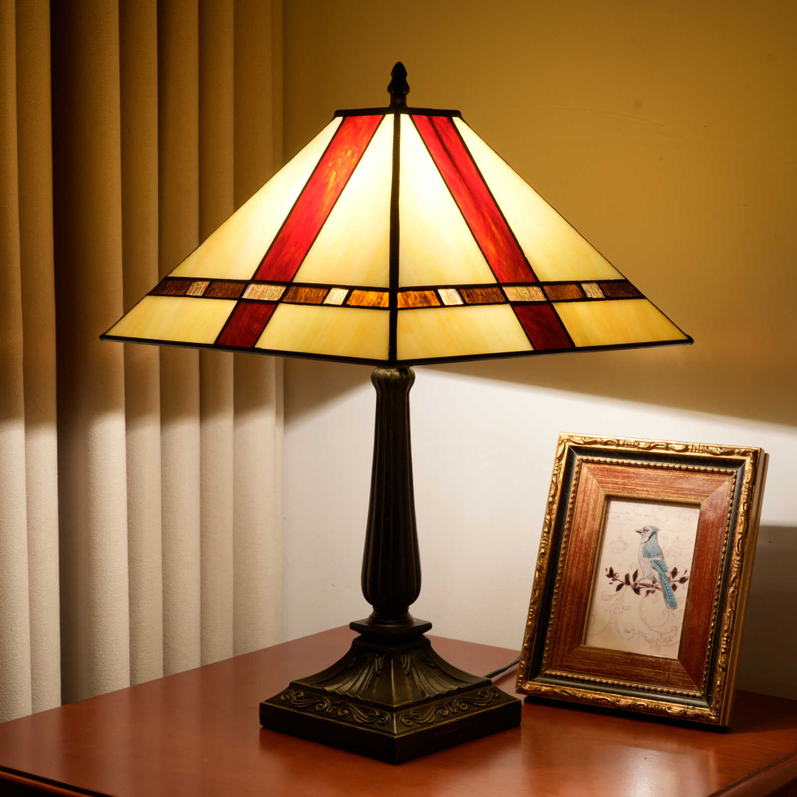 Blivuself Tiffany Style Lamp 16 Inch Brown Red Lines Square Warm Atmosphere To Create A Bedside Lamp Handmade Stained Glass Table Lamp For Bedroom Dining Room Study Living Room Office And Other Home Decoration OFT1366