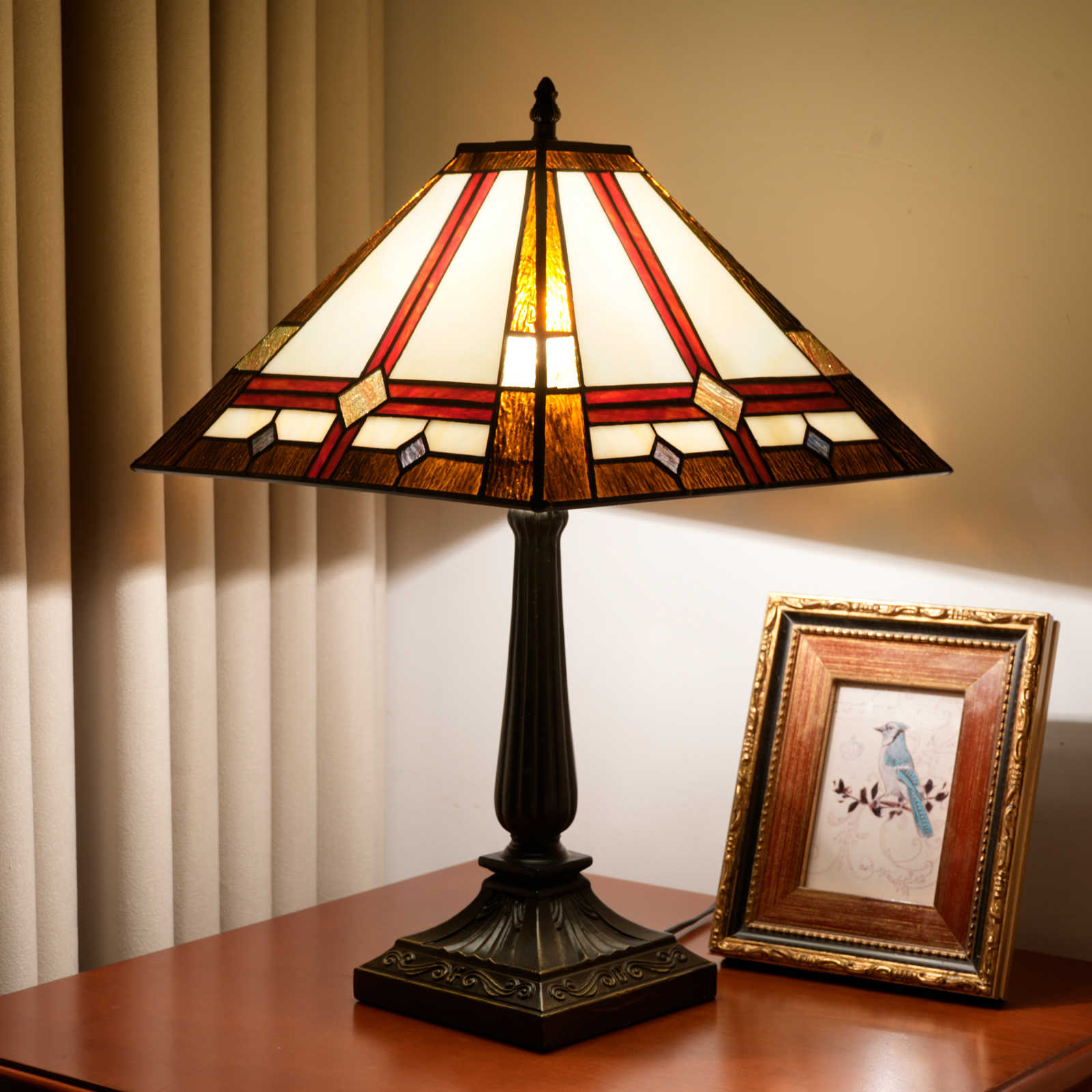 Blivuself Tiffany Style Lamp 16 Inches 83g Tea-Colored Lines Square Warm Atmosphere To Create Bedside Lamp Manual Stained Glass Table Lamp Suitable For Bedroom Dining Room Study Living Room Office And Other Home Decorations OFT1365