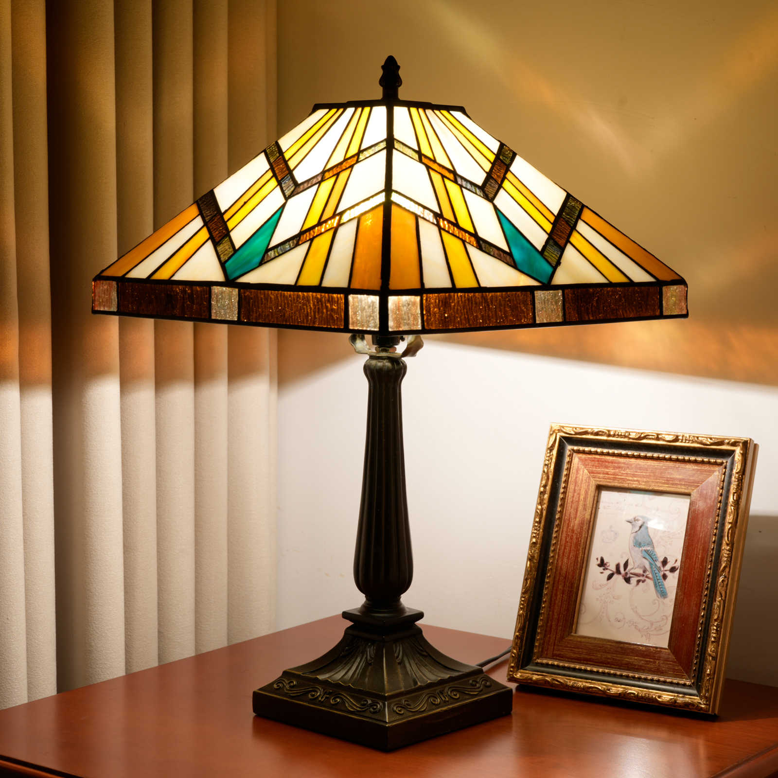 Blivuself Tiffany Style Lamp 16 Inches Blue Diamond Square Warm Atmosphere To Create Bedside Lamp Manual Stained Glass Table Lamp Suitable For Bedroom Dining Room Study Living Room Office And Other Home Decorations OFT1364