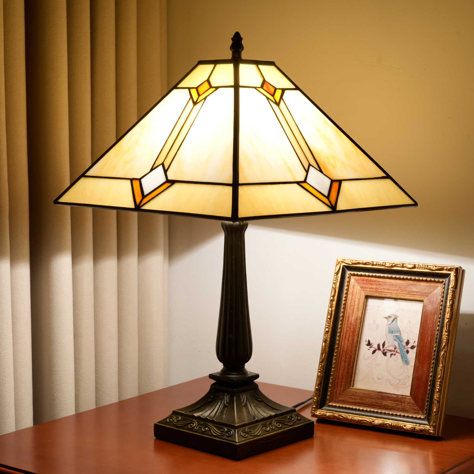 Blivuself Tiffany 16 Inches Warm Yellow Square Lamp Stained Glass Lamp Warm Light Sweet Atmosphere Bedside Lamp Adapter Bedroom Dorm Dining Room Sitting Room Such As Tiffany Style Restoring Ancient Ways Home Decoration (OFT1363)