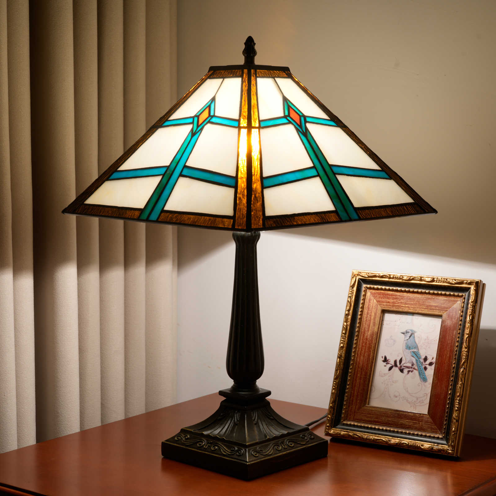 Blivuself Tiffany 16 Inches Tea Green Square Lamp Stained Glass Lamp Warm Light Sweet Atmosphere Bedside Lamp Adapter Bedroom Dorm Dining Room Sitting Room Such As Tiffany Style Restoring Ancient Ways Home Decoration (OFT1362)