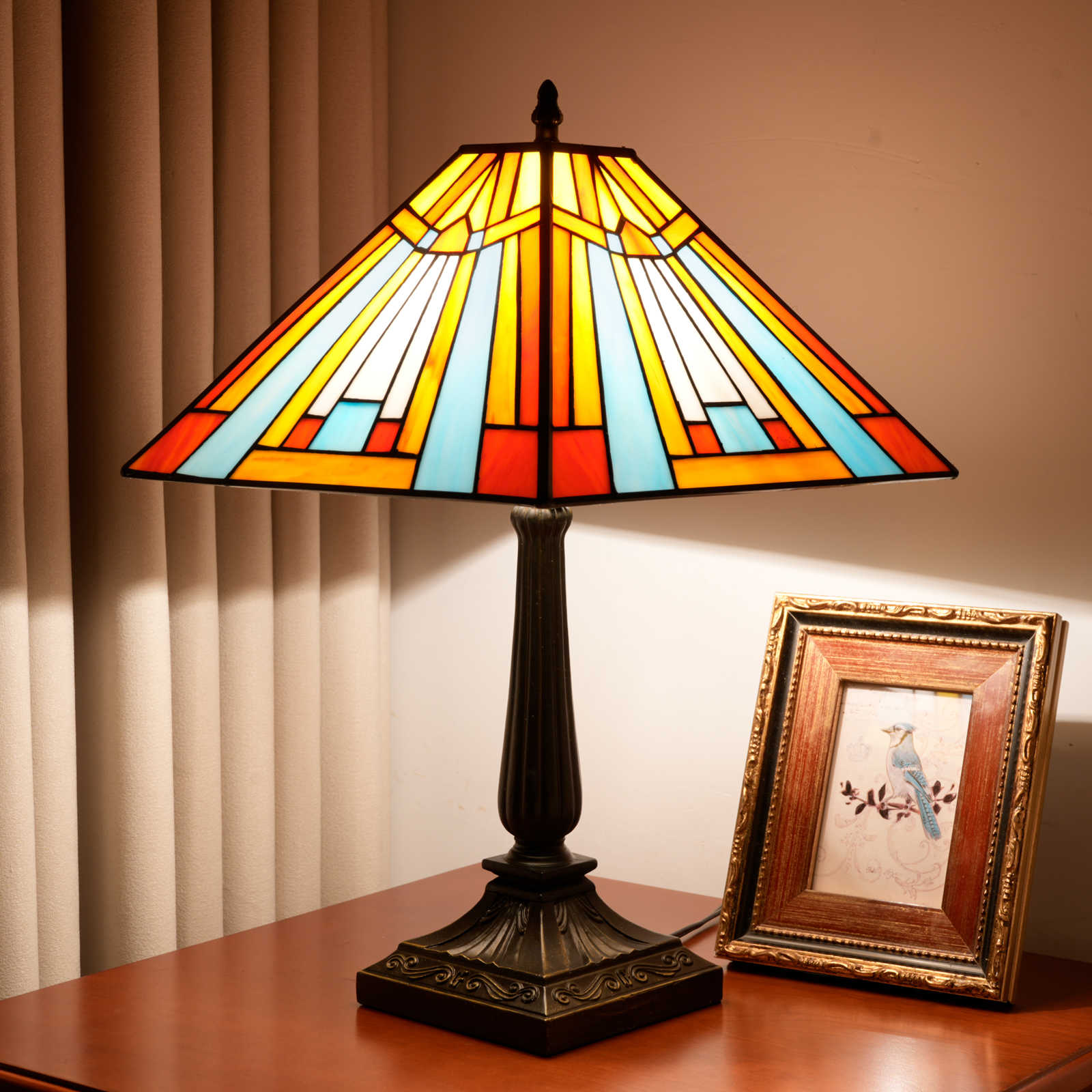 Blivuself Tiffany 16 Inches Colored Striped Square Table Lamp Stained Glass Lamp Warm Light Warm Atmosphere Bedside Lamp Suitable For Bedroom, Dormitory, Dining Room And Other Tiffany Style Retro Home Decoration (OFT1361)