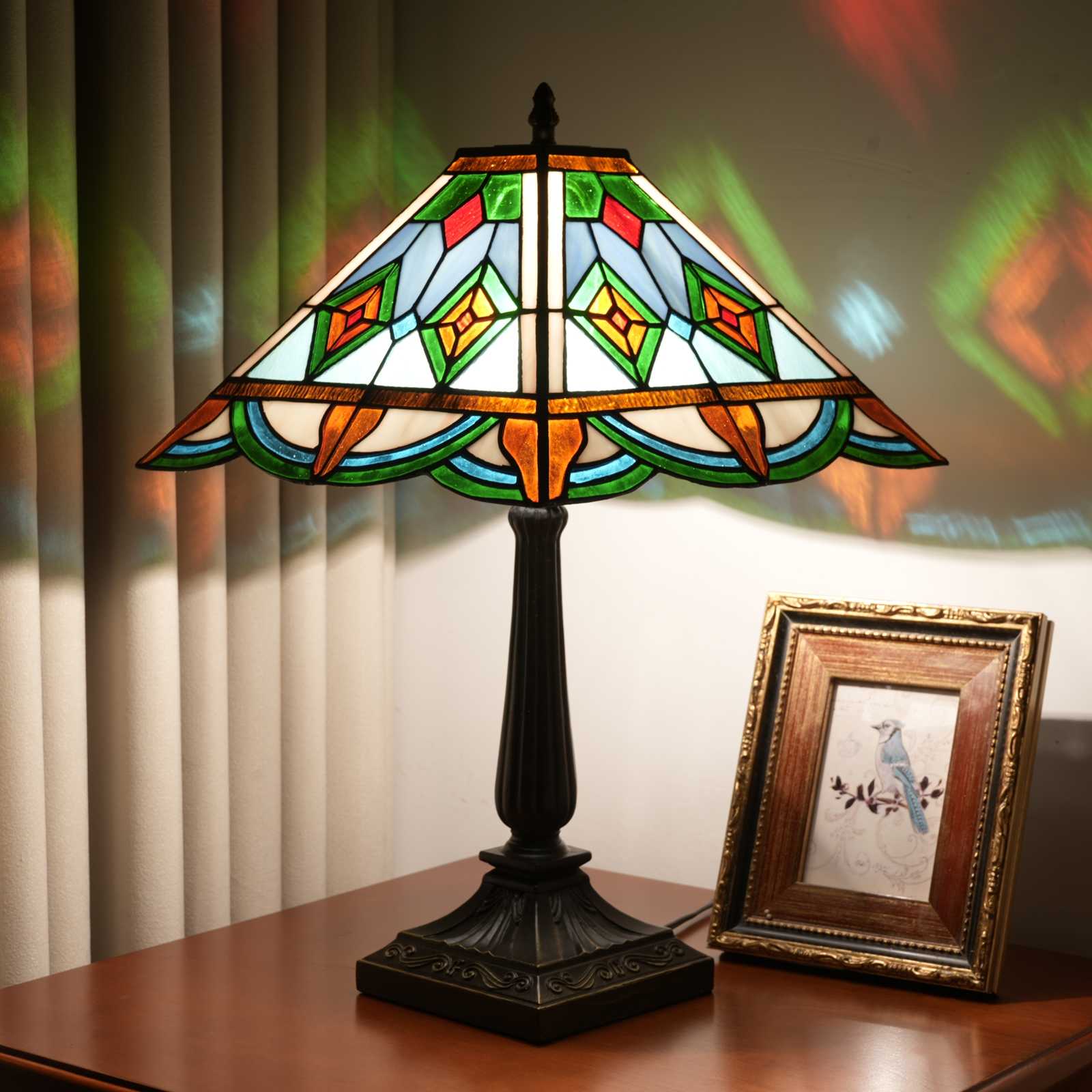 Blivuself Tiffany 16 Inch Red Green Diamond Square Table Lamp Stained Glass Lamp Warm Light Warm Atmosphere Bed Lamp Adapts Bedroom Dormitory Dining Room Living Room Tiffany Style Retro Home Decoration (Oft1360)