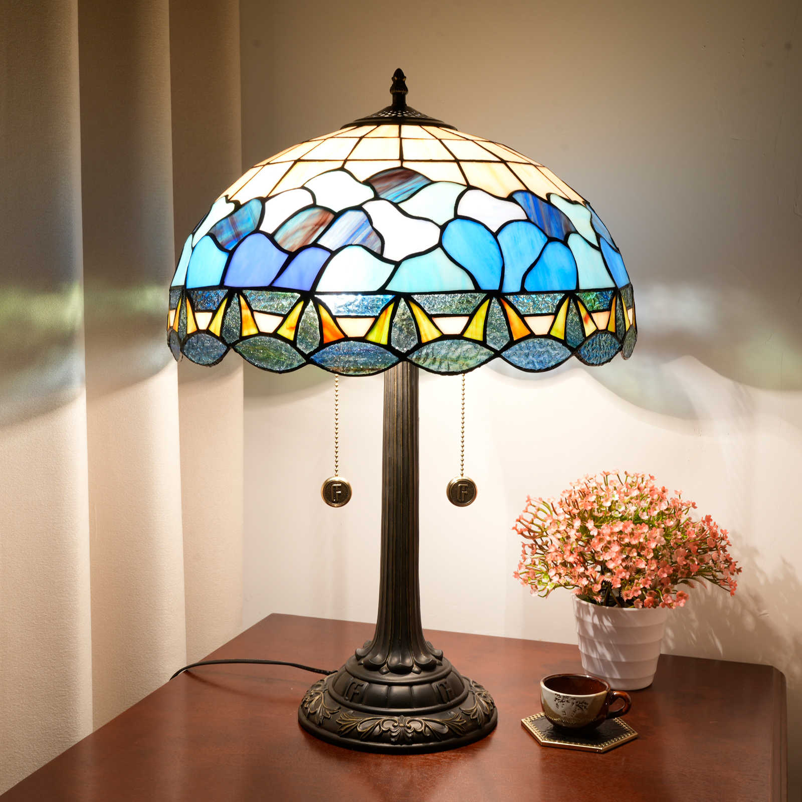  Blivuself Tiffany style table lamp 16 inch blue wave bedside lamp suitable for bedroom living room dining room office and other retro style home decoration warm light atmosphere lamp OFT1324