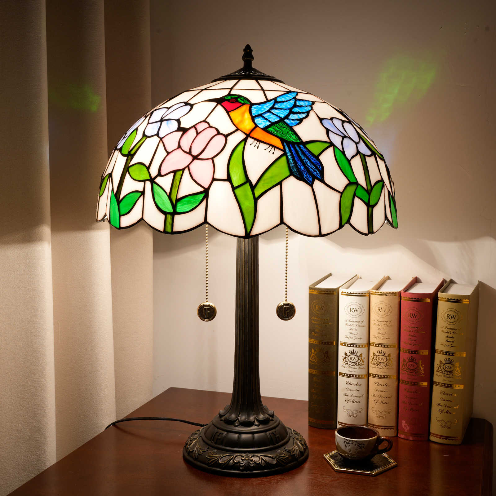  Blivuself Tiffany style desk lamp 16-inch blue hummingbird dual color flower bedside lamp is suitable for warm ambient lighting in retro-style home decoration such as bedrooms living rooms dining rooms and offices OFT1313
