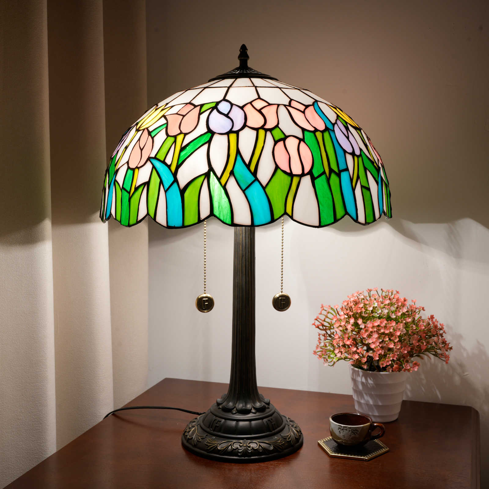  Blivuself Tiffany Style Table Lamp 16 Inch Pink Tulip Bedside Lamp Suitable For Bedroom Living Room Dining Room Office And Other Retro Style Home Decoration Warm Light Atmosphere Lamp OFT1300