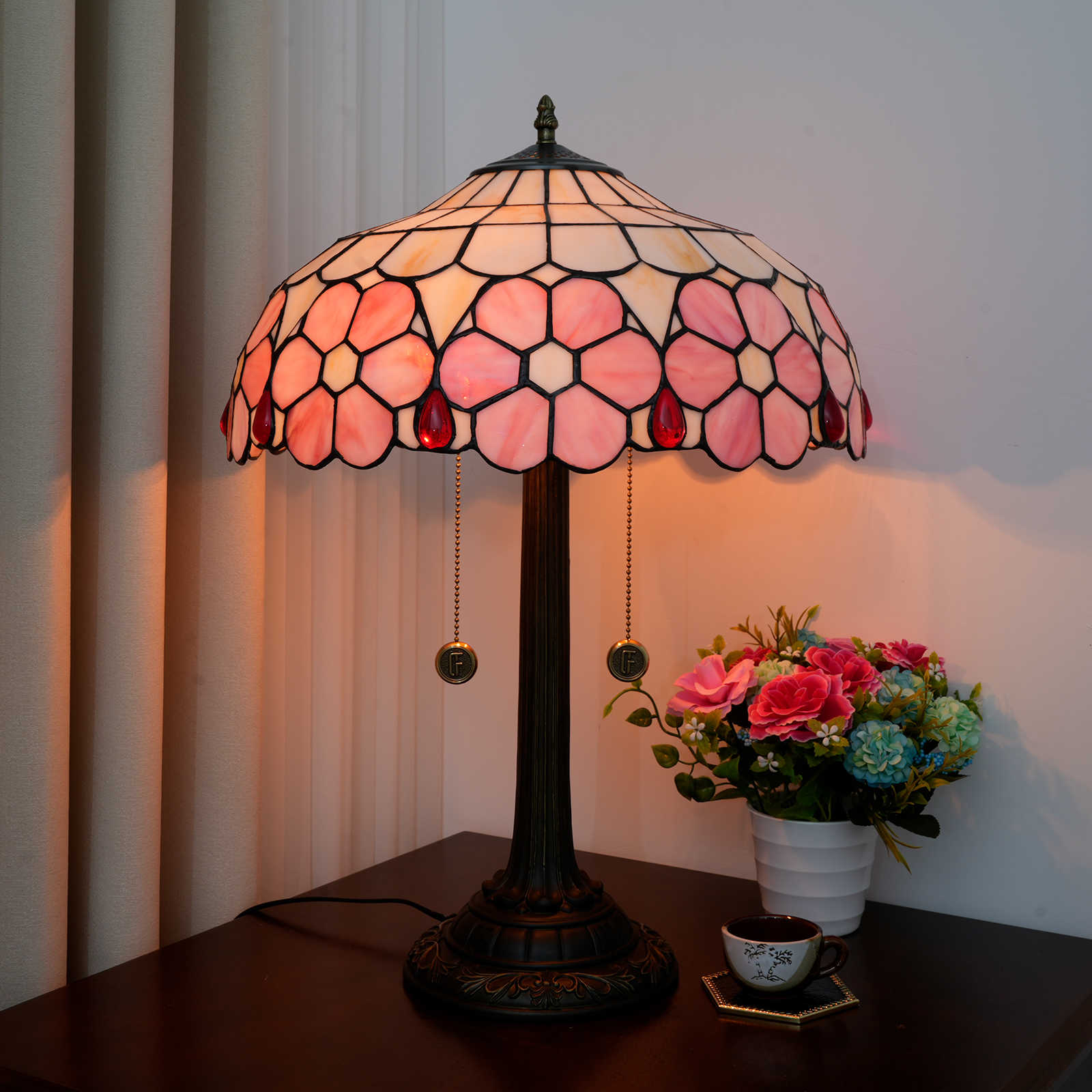 Blivuself Tiffany Stained Glass Table Lamp, 16-Inch Victorian Style Pink Flower Pattern Design, Suitable For Bedroom Study Living Room And Other Home Decoration Art (OFT1286)