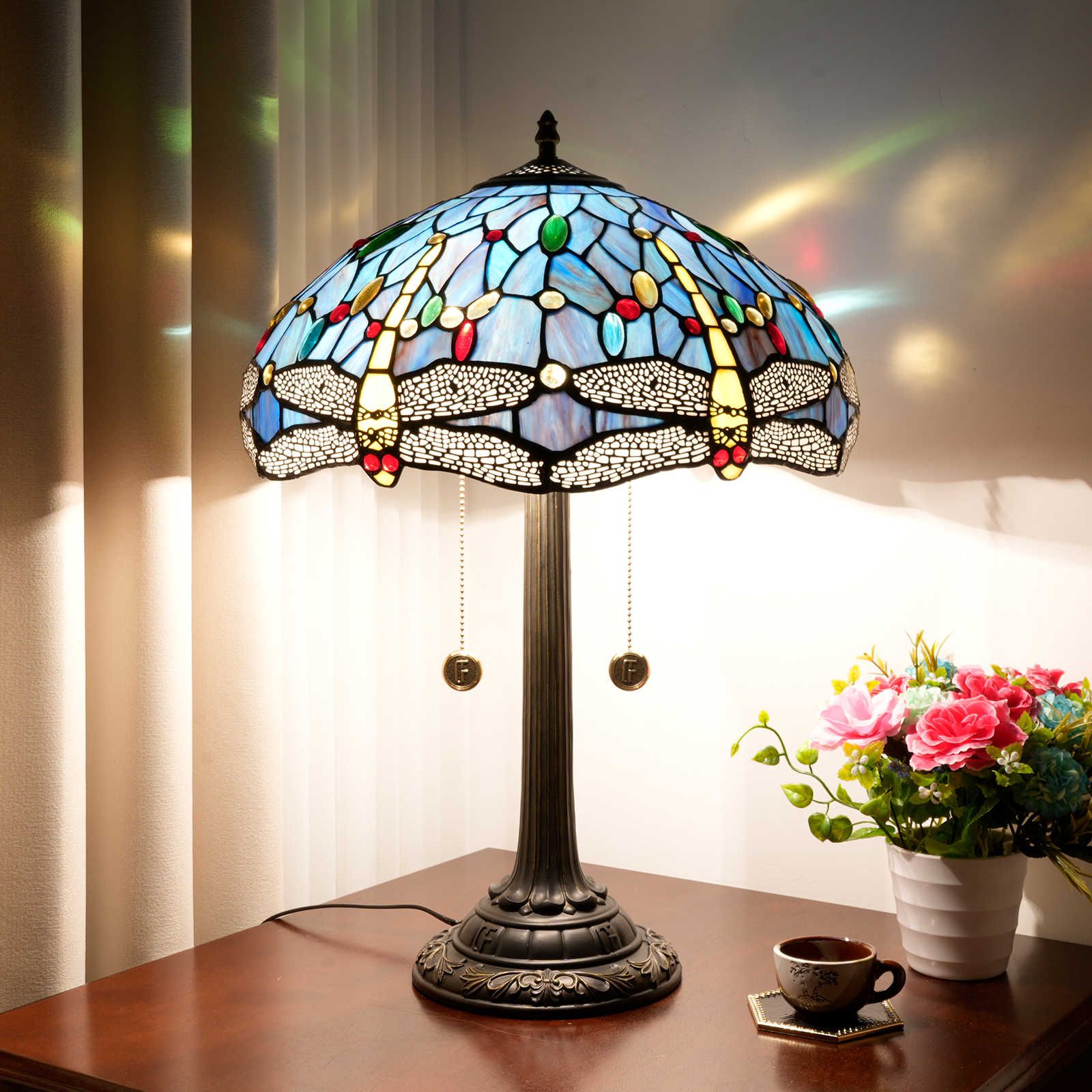 Blivuself Tiffany Stained Glass Table Lamp, 16 Inch Medieval Retro Style Dragonfly Design, Suitable For Bedroom Study Living Room And Other Home Decoration Art (OFT1285, Blue)