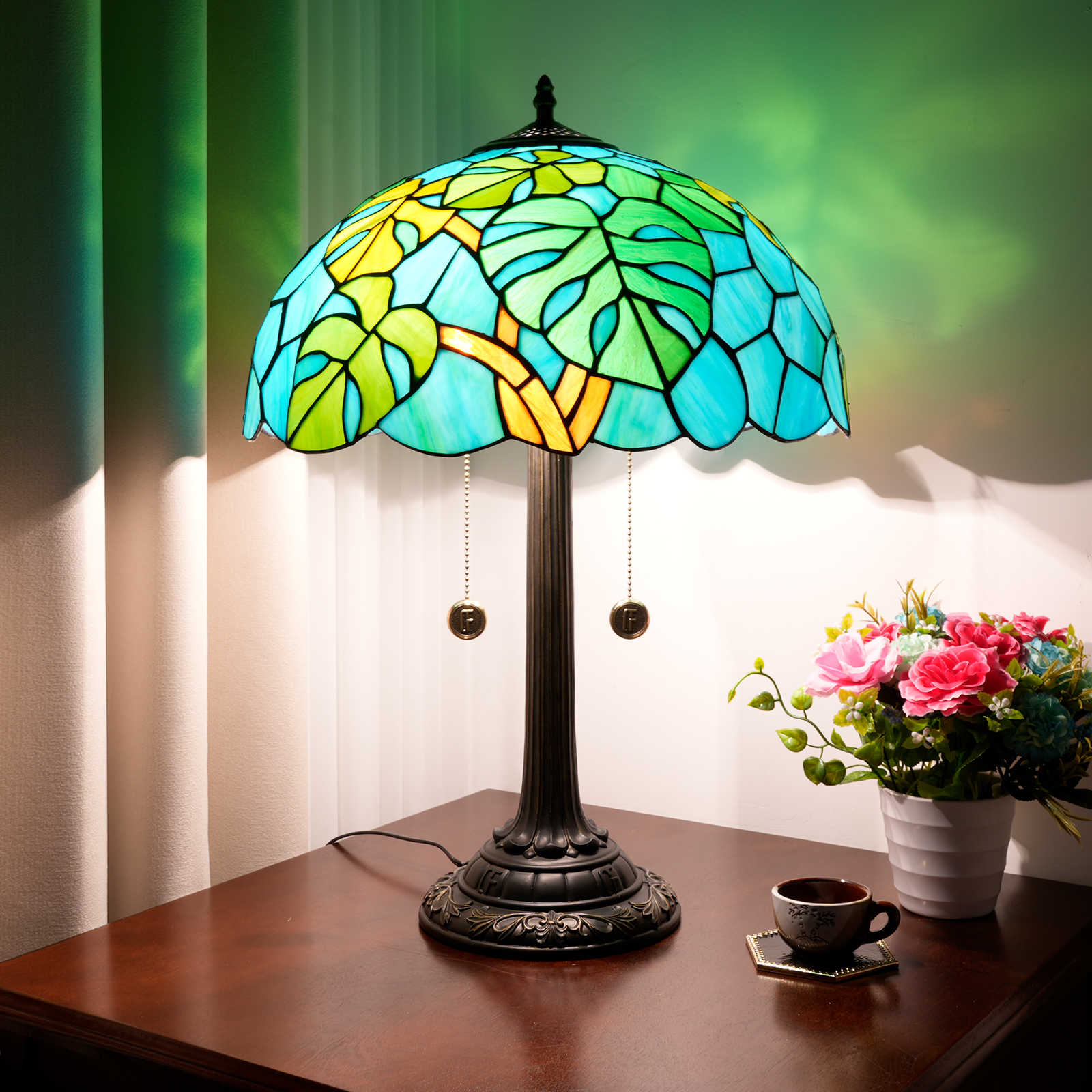 Blivuself Tiffany Stained Glass Table Lamp, Medieval Retro Style Monsteradeliciosa Liebm16-Inch Bedside Lamp, Suitable For Home Decoration Art In Bedrooms, Studies, Dining Rooms, Etc. (OFT1283)