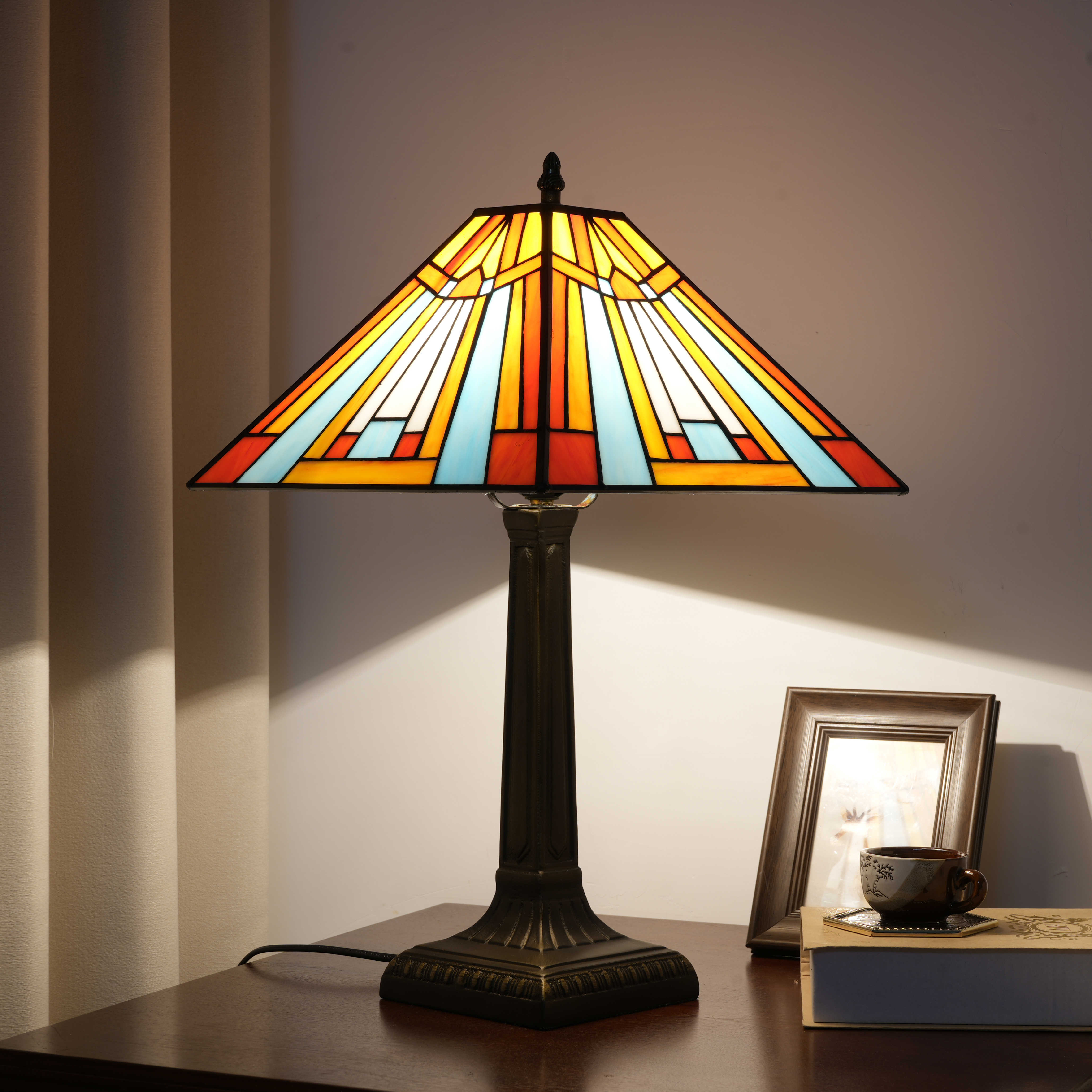 Blivuself Tiffany Desk Lamp Medieval Style 16 Inches Red Line Square Hand Stained  Glass Lamp Shade, European Vintage Style Indoor Lighting Eye Protection Reading Lamp, Suitable For Bedroom Dining Room Office, 16 Inches Color Square Desk Lamp OFT1264