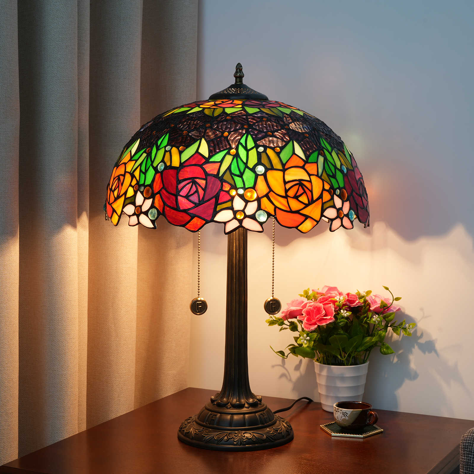Blivuself Tiffany Stained Glass Dark Purple Rose Rustic, European, Retro Style Lamp 16x16x24 Inches Kitchen Office Desk Bedroom Corridor Eye Protection Reading Light Furniture Decoration Black Bottom Rose OFT1211