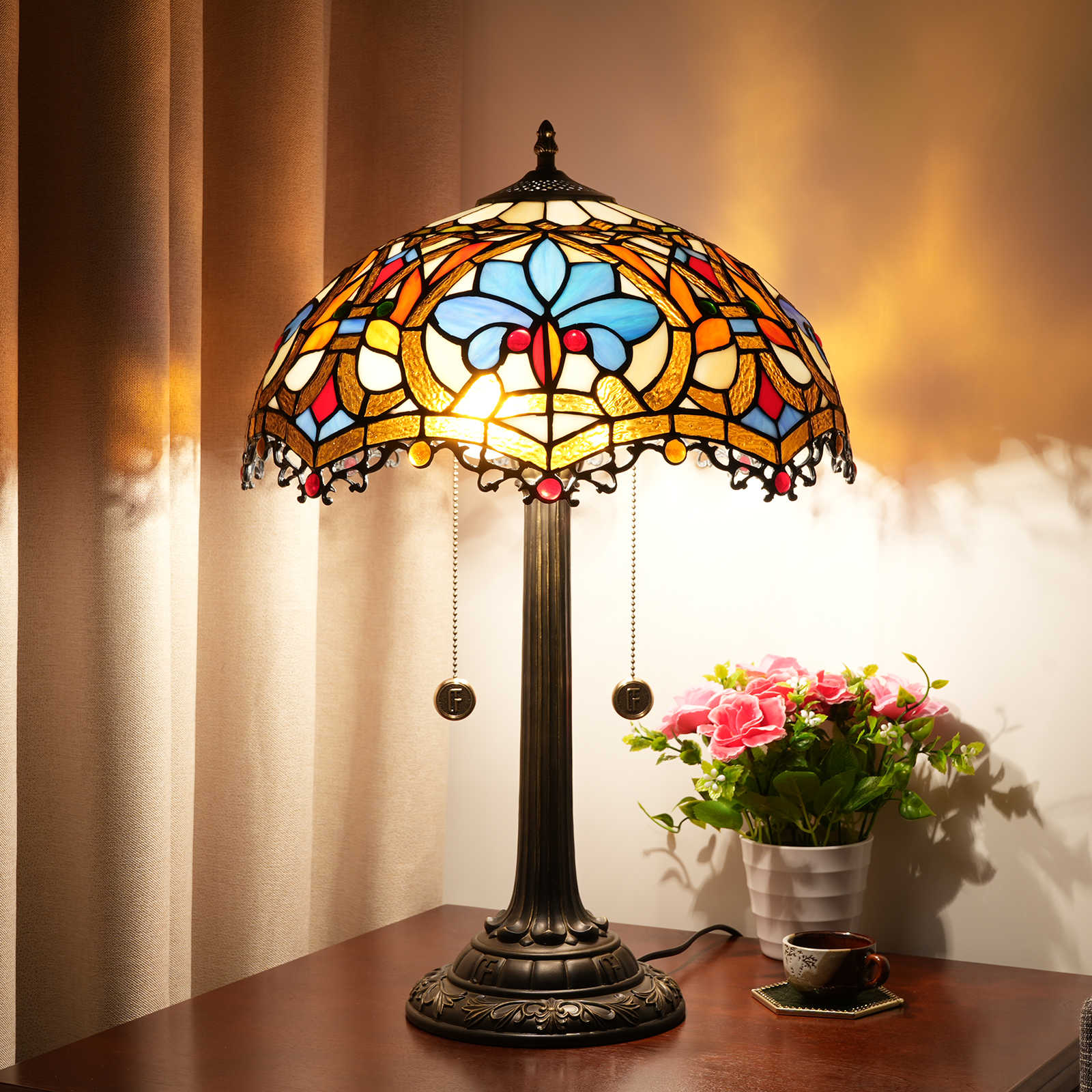 Blivuself Tiffanystained Glass Dark Brown, Blue Love Beads Country, European, Vintage Style Light 16x16x24 Inch Kitchen Office Deskbedroom Hallway Eye Protection Reading Lightfurniture Decoration Love Beads Dragon Tail Table Lamp OFT1212