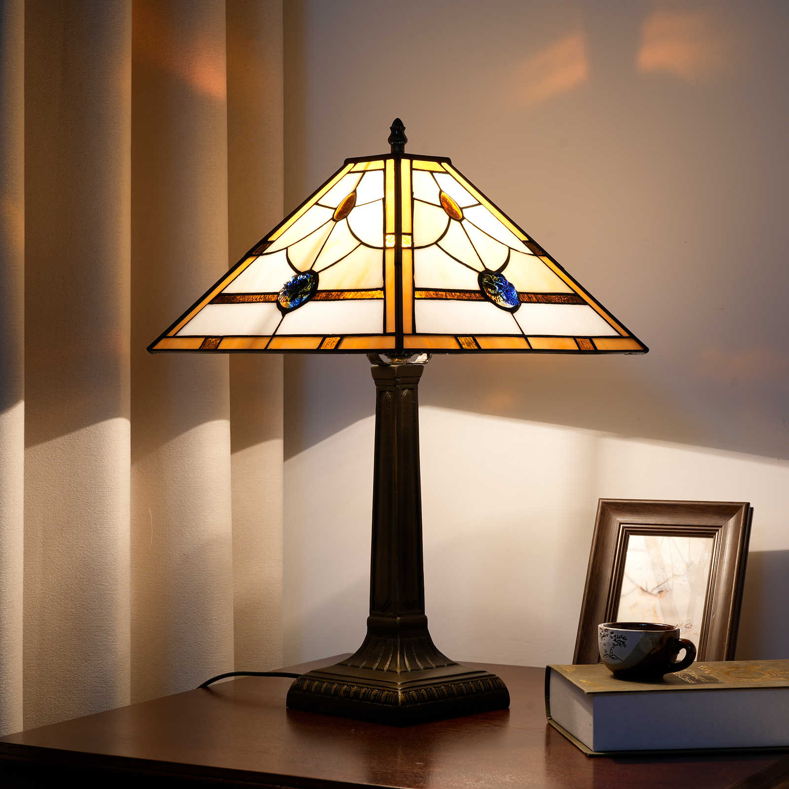 Blivuself Tiffany Desk Lamp Victorian Style 16 Inch Yellow Square Design Handmade Stained Glass Lamp Shade, Retro Elegant Style Home Decoration, Suitable For Bedroom Living Room Office, Etc., 16 Inch Rose Square Desk Lamp - Bronze Square Base OFT1254
