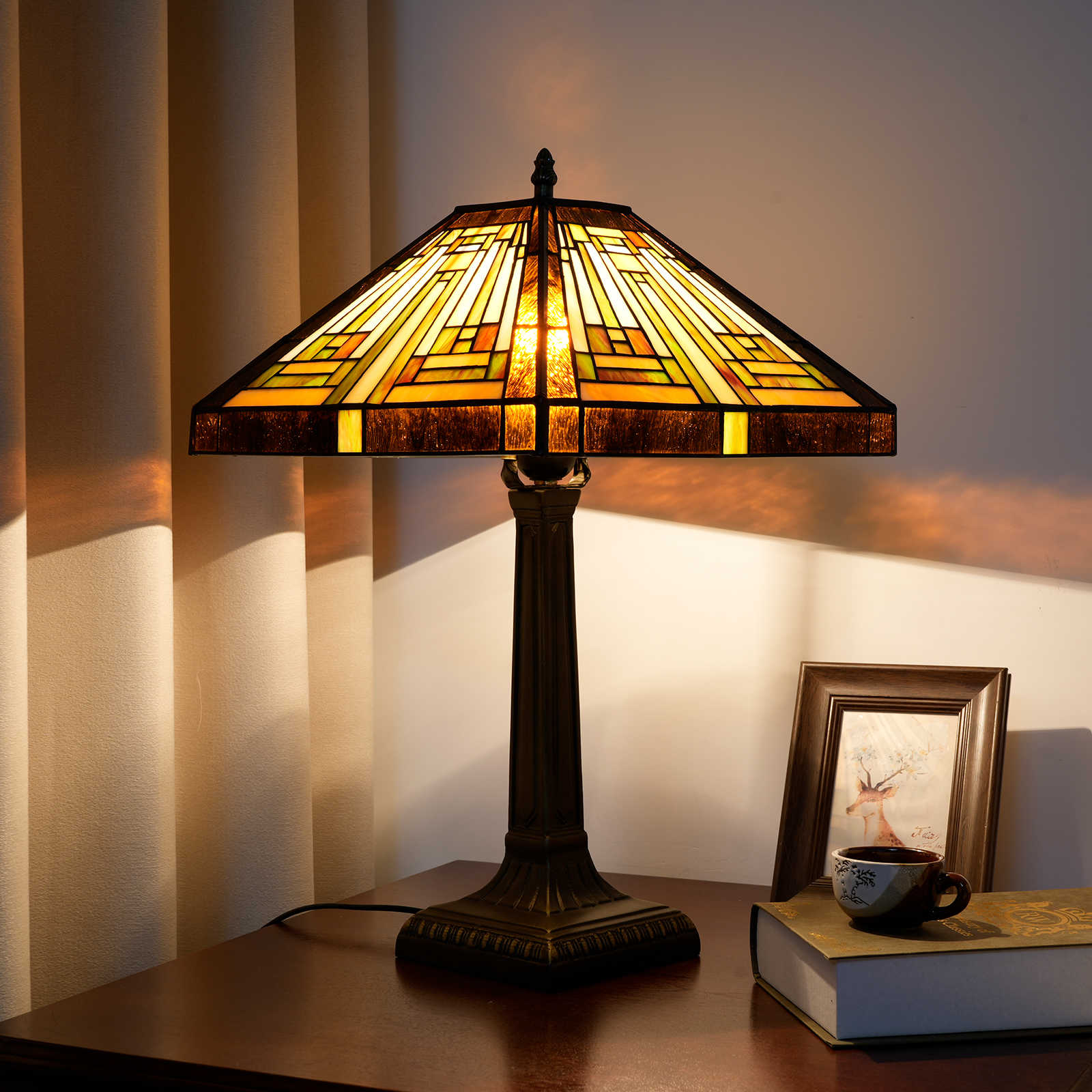 Blivuself Tiffany Stained Glass Brown Green Square Base European And American Court Vintage Lamp 16  Inch Office Desk Bedroom Corridor Cafe Restaurant Bar Decorative Furniture Decorated 16 Inch  American Square Lamp - Bronze Square Base Lamp OFT1253