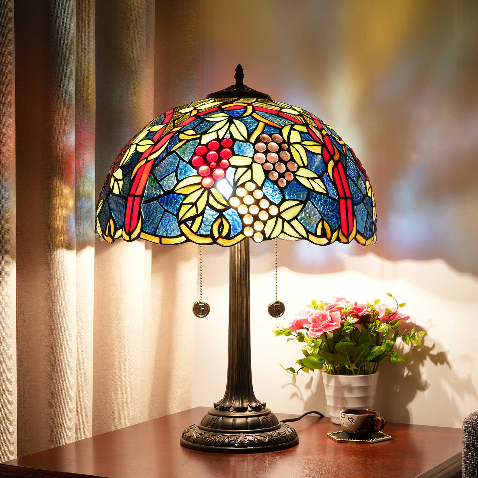 Blivuself Tiffany Style Stained Glass Green Grapes Europe And The United States Retro Style Lamp 17x17x24 Inch Lamp For Kitchen Desk Bedroom Corridor Eye Protection Reading Lights And Other Furniture Decoration, Grape Fruit Lamp, OFT1219
