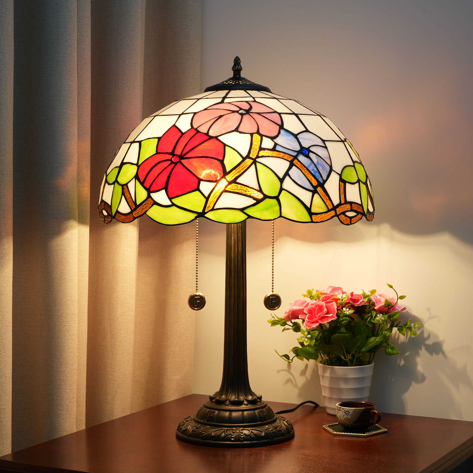 Blivuself Tiffany Style Stained Glass Will Be Three Colors Of Morning Glory Sealed In The Glass, Echo The Eternal Beauty Of Aesthetics, Retro Romance Into Daily Life, Suitable For Restaurants, Bedrooms, Bars, Etc. 16 Inch Morning Glory Table Lamp OFT1215