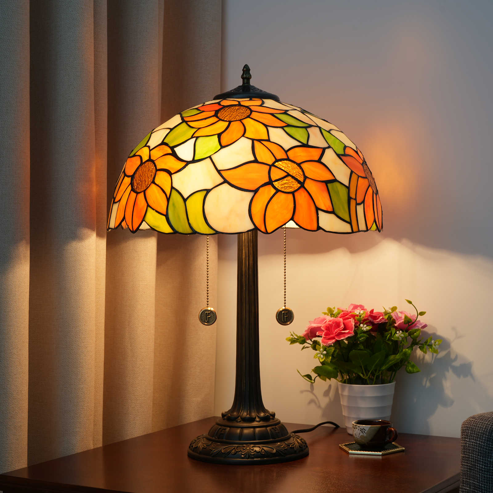 Blivuself Tiffanystained Glassorange Sunflower Table Lampgarden, European, Retro Style Table Lamp 16x16x24 Inchkitchen Office Deskbedroom Hallway Eye Protection Reading Lamp Furniture Decoration 16 Inch Sunflower OFT1207