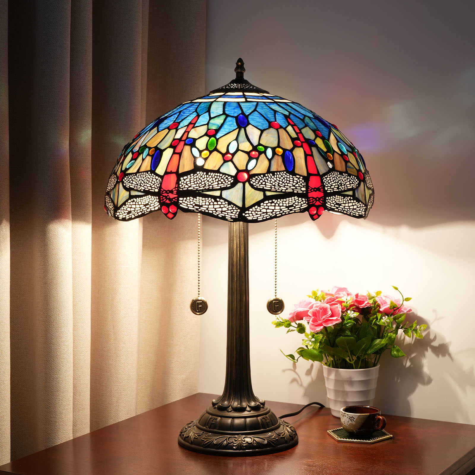 Blivuself Tiffany  Stained Glass Blue  Dragonfly Style Country, European, Vintage Style Light 16x16x24 Inch Kitchen Office Desk Bedroom Corridor Eye Protection Reading Light Furniture Decorationblue Dragonfly Table Lamp OFT1216
