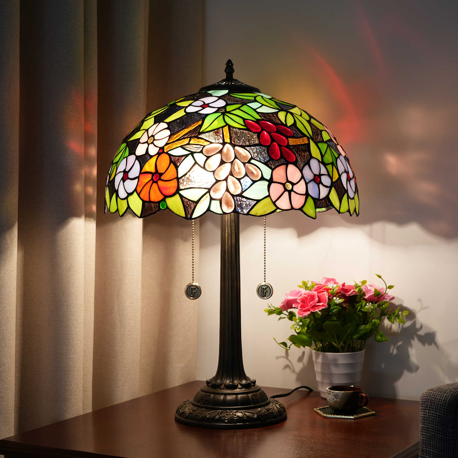Blivuself Tiffany Stained Glassgreen Grape Flowerpastoral, European And American, Vintage Style Desk Lamp 16x16x24 Inch Kitchen Office Desk Bedroom Corridoreye Protection Reading Lamp Furniture Decoration Grape Flower Desk Lamp OFT1202