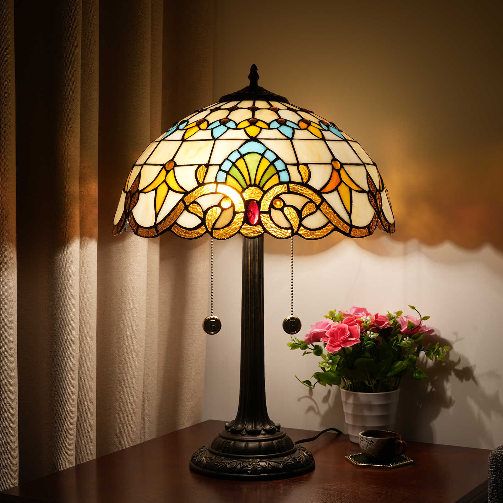 Blivuself Tiffany  Stained Glass Warm Yellow Baroque  Country, European, Vintage Style Light 16x16x24 Inch Kitchen Office Desk Bedroom Corridor  Eye Protection Reading Light Furniture Decoration Baroque Table lamp OFT1218