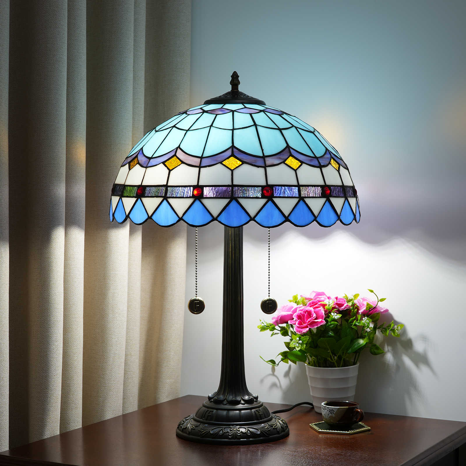Blivuself Tiffany Stained Glass Blue Romantic Feather Rustic, European, Vintage Style Light 16x16x24 Inch Table Lamp  Kitchen Office Desk Bedroom Corridor Eye Protection Reading Light  Furniture Decoration Mediterranean Feather Table Lamp  OFT1225