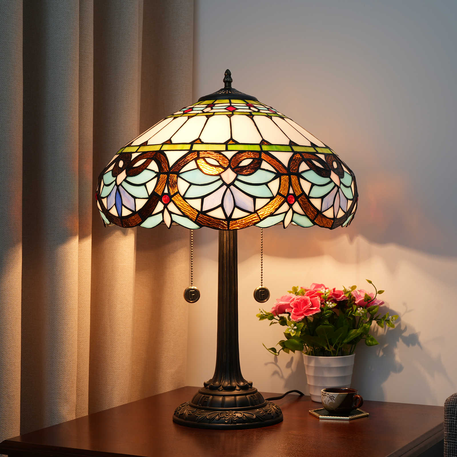 Blivuself Tiffany- Stained Glasswhite, Blue Heart Country, European, Vintage Style Light 16x16x24 Inch Table Lamp  Kitchen Office Deskbedroom  Hallway Eye Protection Reading Light Furniture Decoration Blue Love Heart  OFT1214