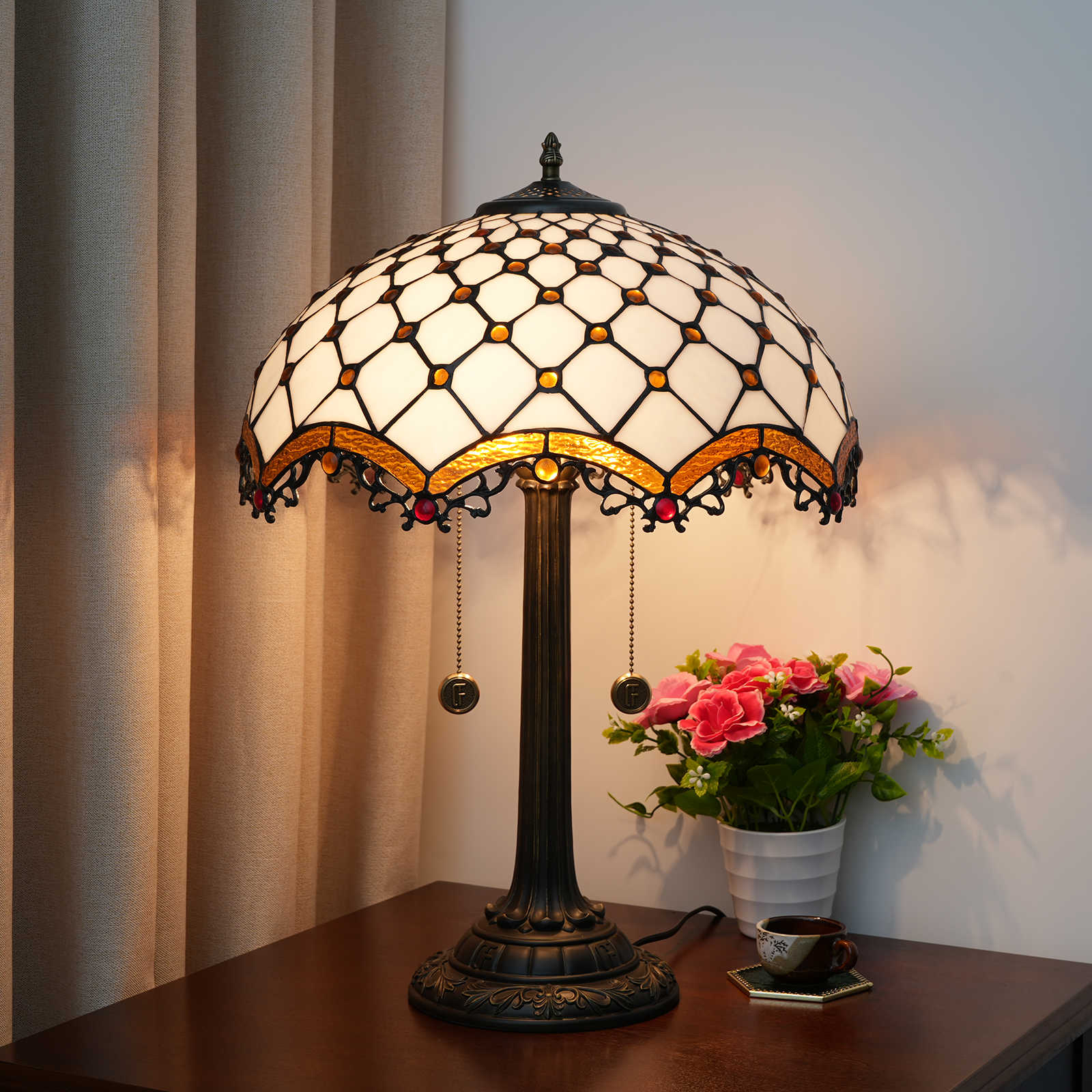 Blivuself TiffanyStained Glass White Brown Beads Country, European, Vintage Style Light 16x16x24 Inch Table Lamp Kitchen Office Desk Bedroom Hallway Eye Protection Reading Light Furniture Decoration Brown Crossed Beads Table Lamp  OFT1223