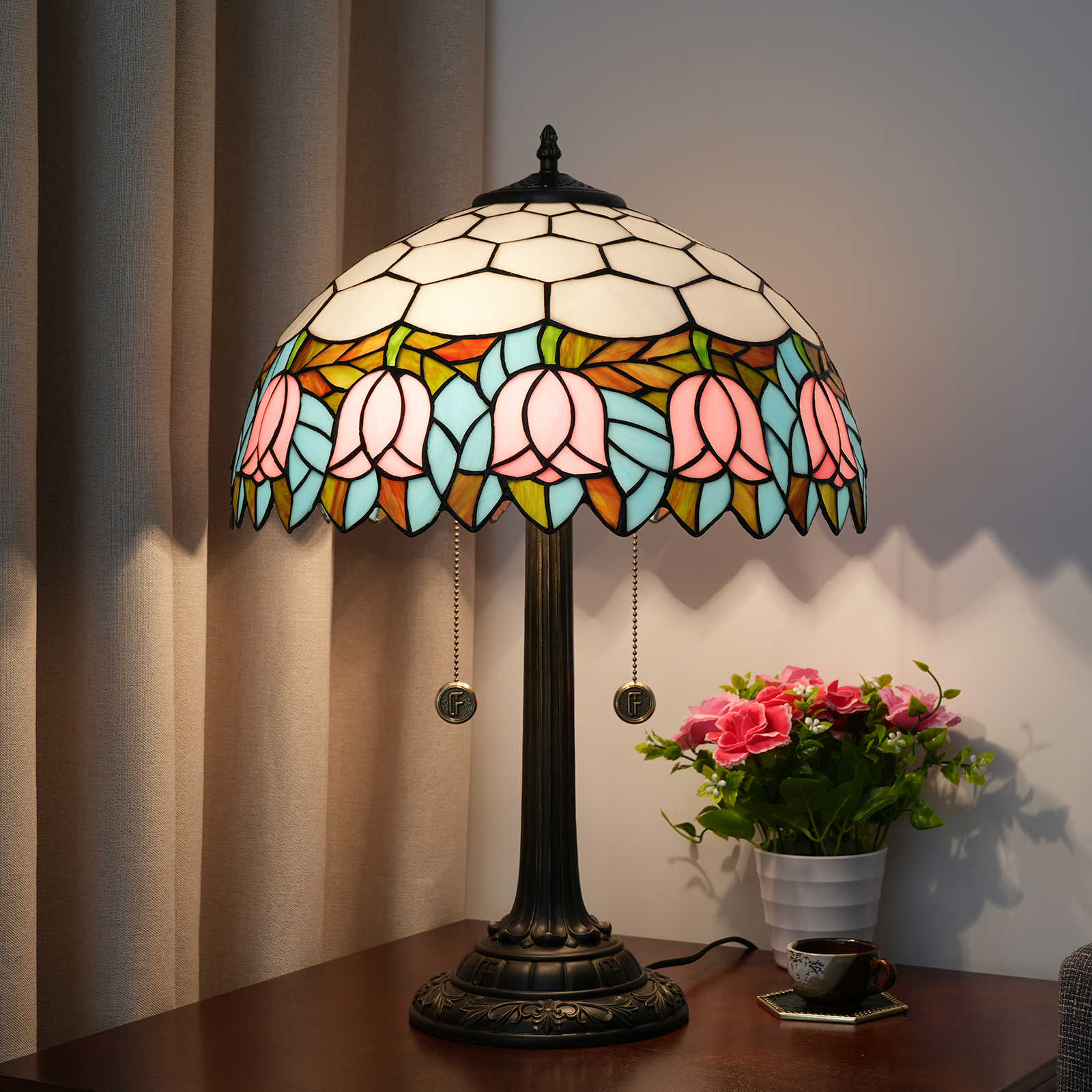 Blivuself Tiffanystained Glass Pink, White Tulip Pastoral, European, Retro Style Desk Lamp 16x16x24 Inch Kitchen Office Desk Bedroom Corridor  Eye Protection Reading Lamp Furniture Decoration Pink Tulip Desk Lamp Oft1198