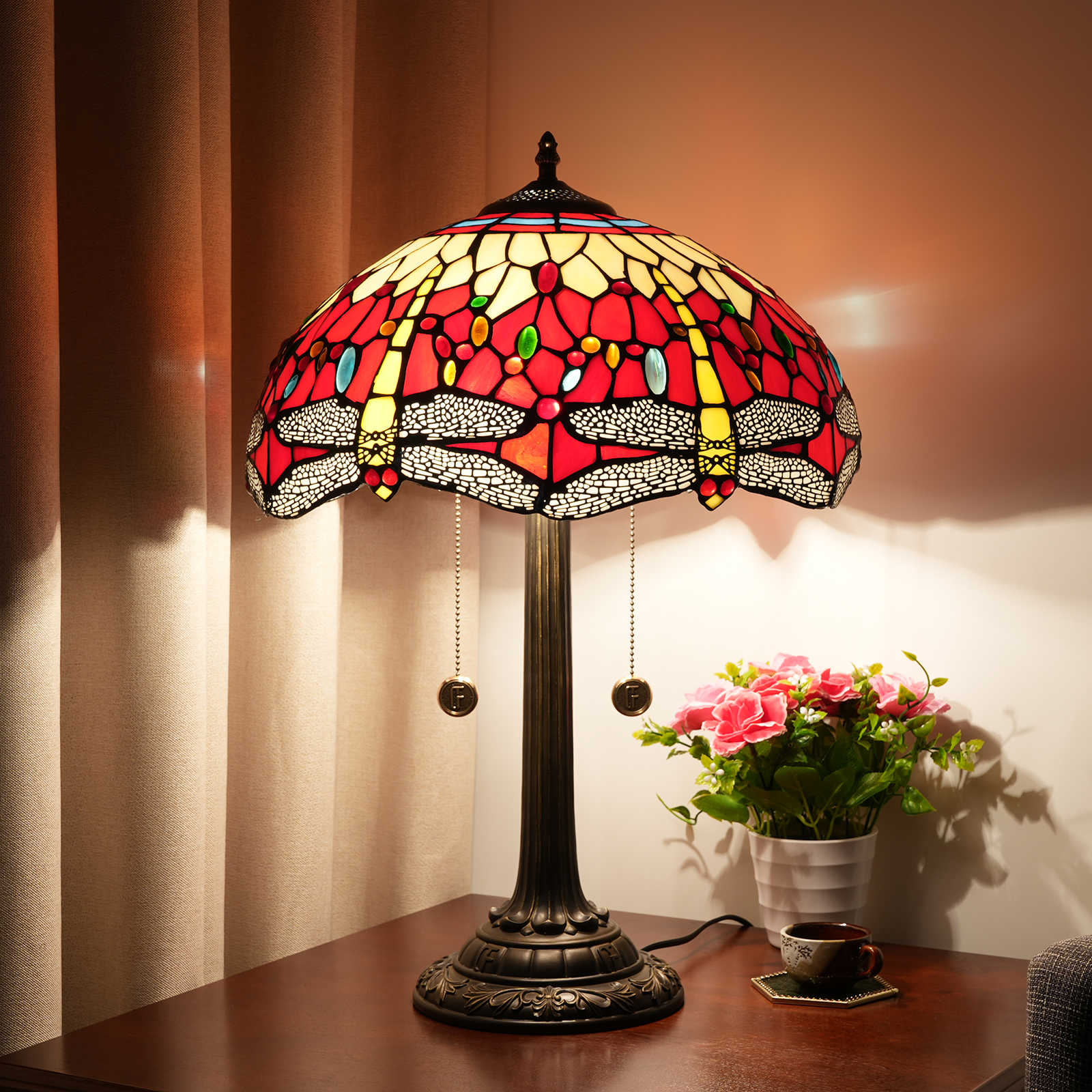 Blivuself Tiffanystained Glassdragonfly On Red Grounddragonfly Stylegarden, European, Retro Style Table Lamp 16x16x24 Inch Kitchen Office Desk Bedroom Corridor Eye Protection Reading Light Furniture Decoration Red Dragonfly OFT1205