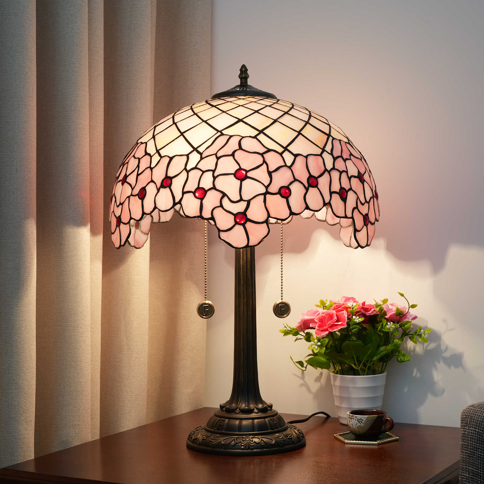 Blivuself Tiffanystained Glass Pink  Cherry Blossom  Romantic, Pastoral, European, Retro Style  Desk Lamp 16x16x24 Inch  Kitchen Office Desk  Bedroom Corridor  Eye Protection Reading Lamp Furniture Decoration Cherry Blossom Desk Lamp OFT1195