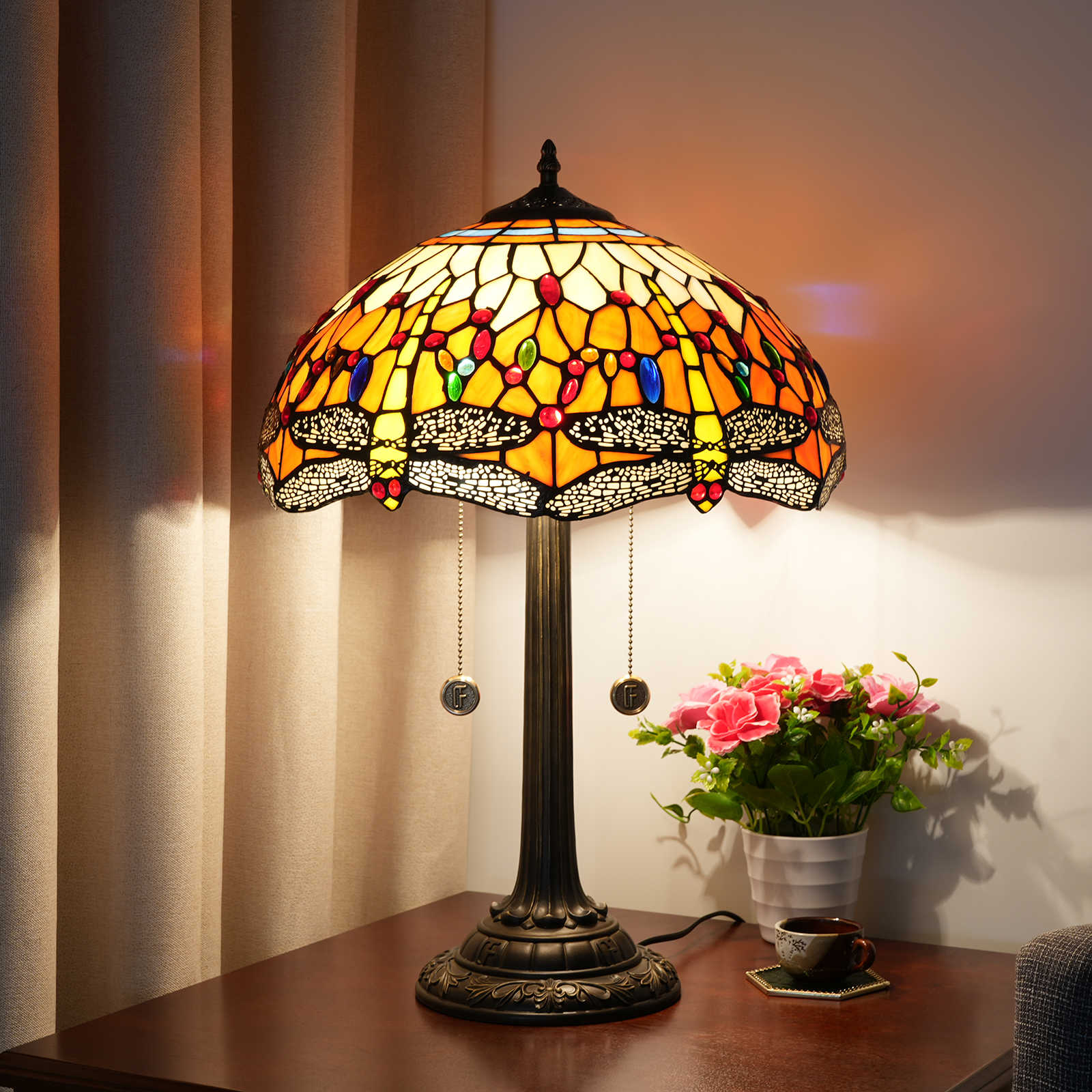 Blivuself Tiffany Stained Glass  Dragonfly With Orange Bottom Dragonfly Style  Garden, European, Vintage Desk Lamp 16x16x24 Inch  Kitchen  Office  Desk  Bedroom Corridor Eye Protection Reading Light Furniture Decoration Dragonfly With Orange Bottom OFT1204