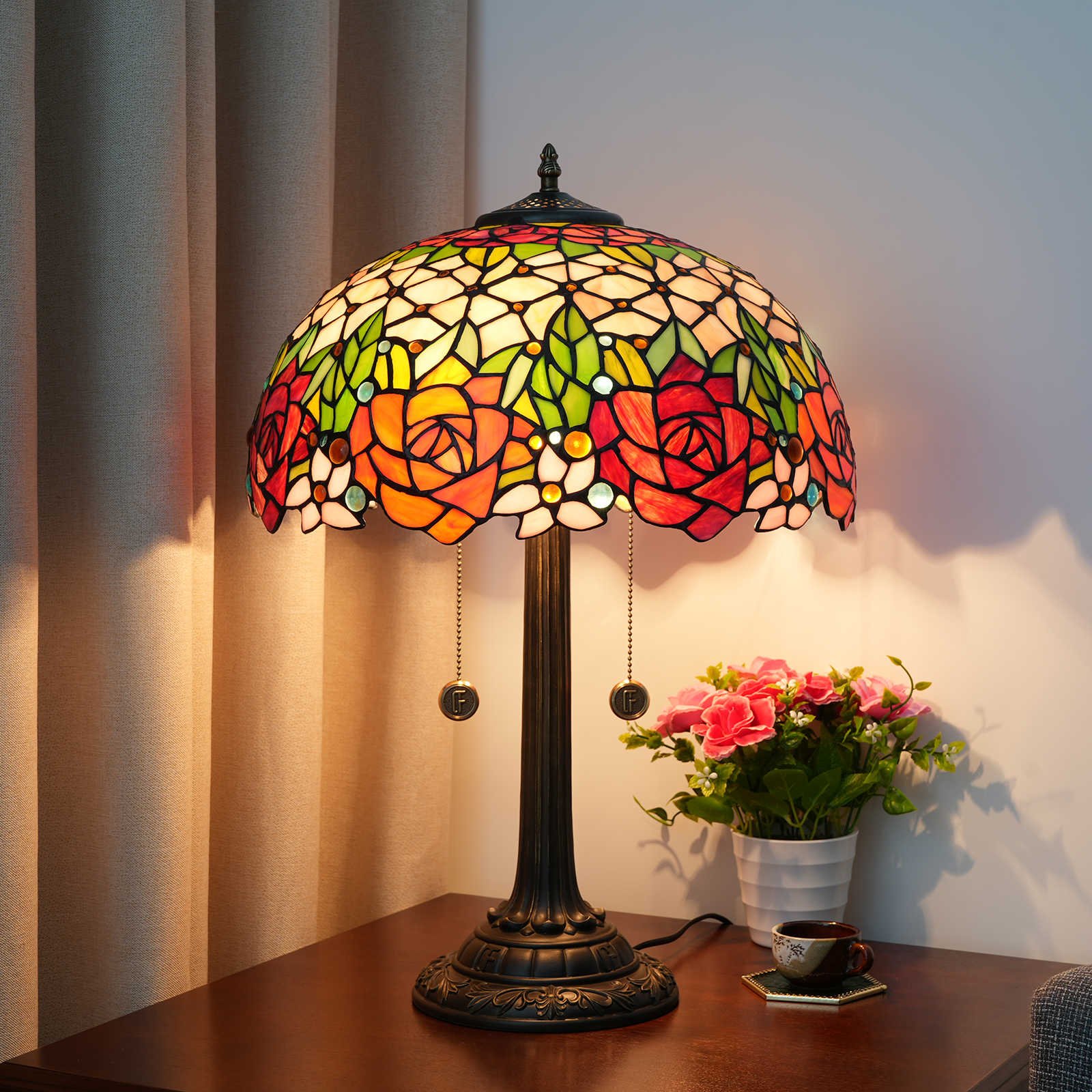 Blivuself Tiffany Stained Glass Red, Beige Rose Pastoral, European, Retro Style Desk Lamp 16x16x24 Inch Kitchen Office Desk Bedroomcorridor  Eye Protection Reading Lamp Furniture Decoration Gorgeous Rose OFT1209