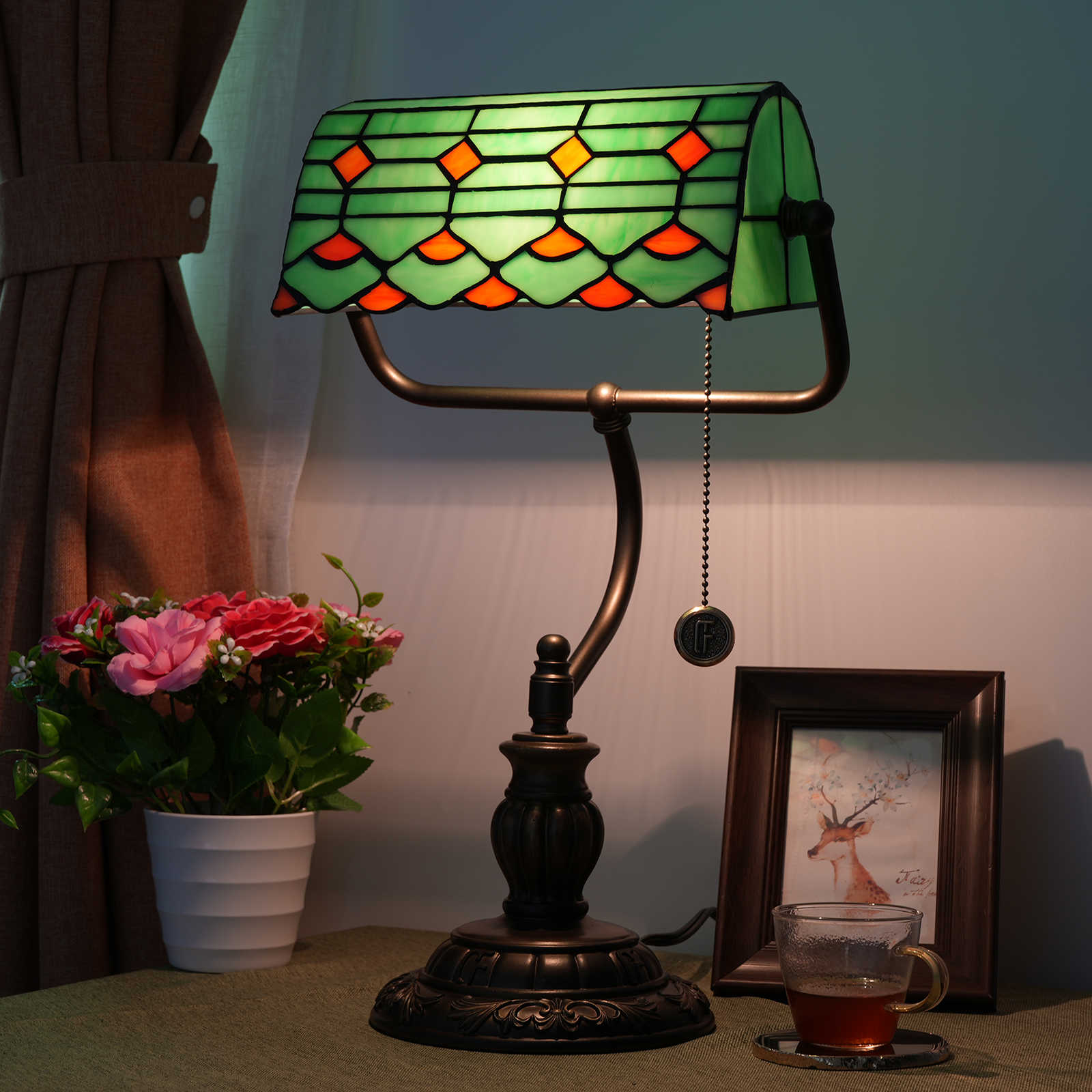 Blivuself Tiffany  Style Table Lamp Stained glass European, Vintage, Pastoral Green, Orange spots Bedroom headboard Study Zipper switch, adjustable, eye protection reading light Desk decor led Kitchen, Living Room Decoration  Aesthetic Antique Library Desk Work Light Green Bank light OFY1013