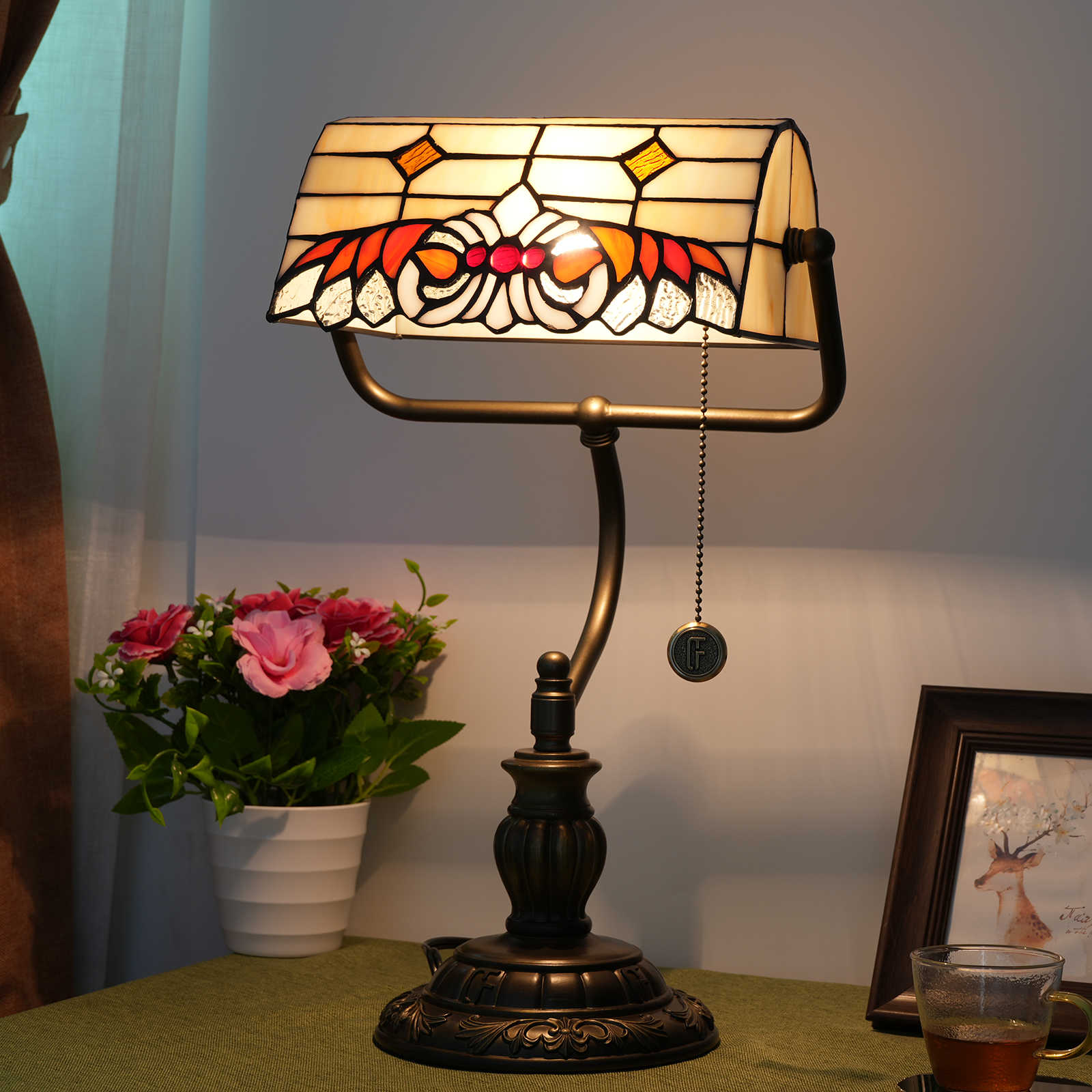 Blivuself Tiffany Style Table Lamp Stained glass European, Vintage, Pastoral Yellow Bedroom headboard Study Zipper switch, adjustable, eye protection reading light Desk decoration led Kitchen, Living Room decoration Aesthetic Antique Library Desk Work Light Baroque Bank light OFY1012