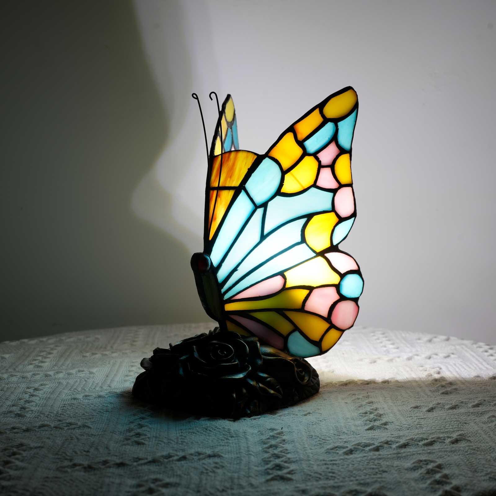 Blivuself Tiffany Butterfly Table Lamp Warm And Lovely Nightlight Lake Blue Butterfly Hand  Stained Glass Lamp Suitable For Bedroom Library Living Room Dormitory Tiffany Style Retro Home Decoration Crafts（OFU1255）