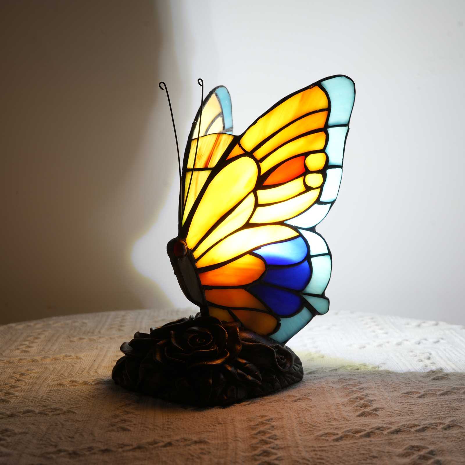 Blivuself Tiffany Butterfly Table Lamp Warm And Lovely Mini Night Light Yellow Blue Butterfly Hand Colored Glass Lamp Suitable For Bedroom Library Living Room Dormitory Tiffany Style Retro Home Decoration Crafts（OFU1252）