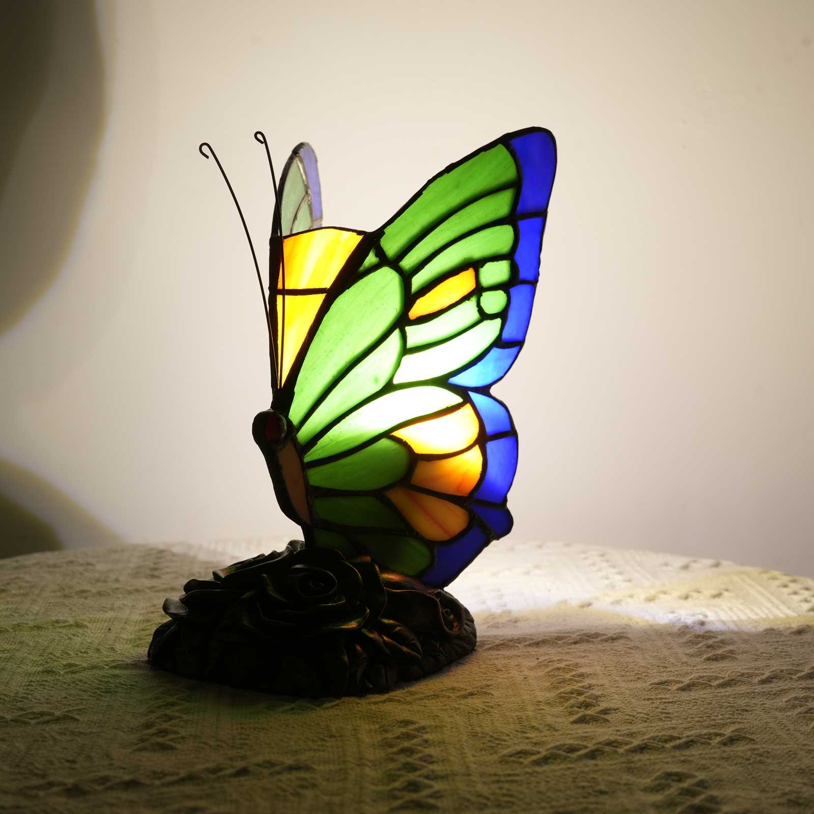 Blivuself Tiffany Butterfly Table Lamp Green Blue Butterfly Hand Stained Glass Lamp Suitable For Bedroom Library Living Room Dormitory Warm And Lovely Mini Night Light Tiffany Style Retro Home Decoration Crafts（OFU1250）